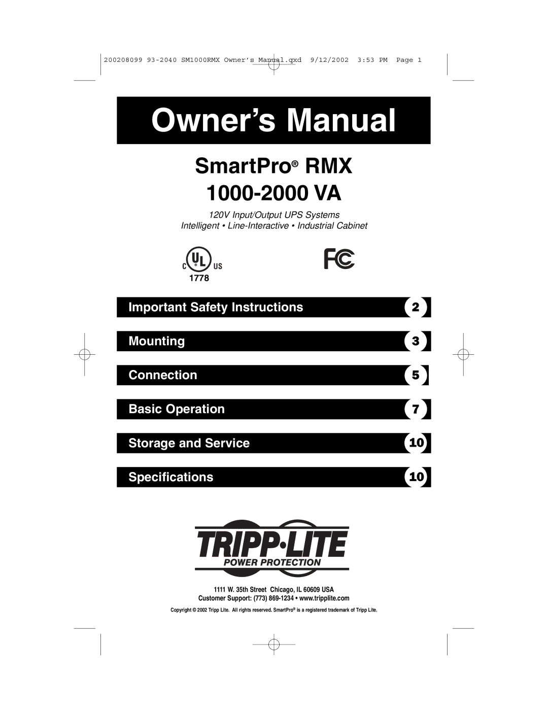 Tripp Lite owner manual SmartPro RMX 1000-2000 VA 