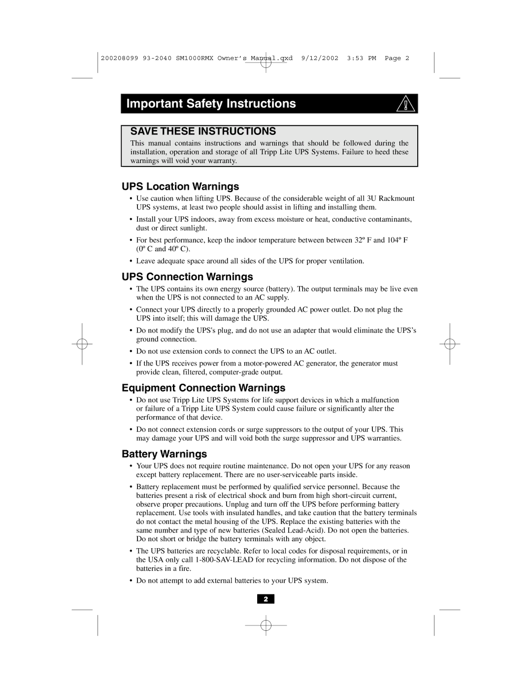 Tripp Lite RMX 1000-2000 VA owner manual Important Safety Instructions, UPS Location Warnings 