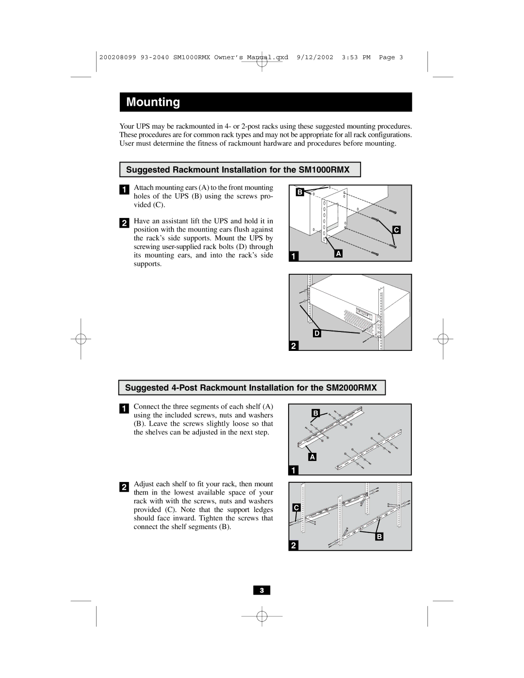 Tripp Lite RMX 1000-2000 VA owner manual Suggested Rackmount Installation for the SM1000RMX 