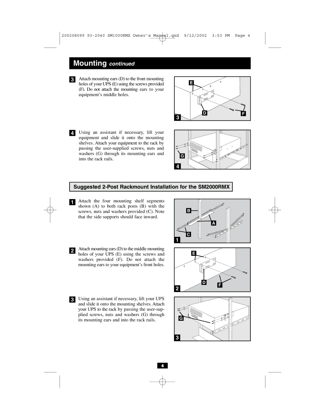 Tripp Lite RMX 1000-2000 VA owner manual Suggested 2-Post Rackmount Installation for the SM2000RMX 