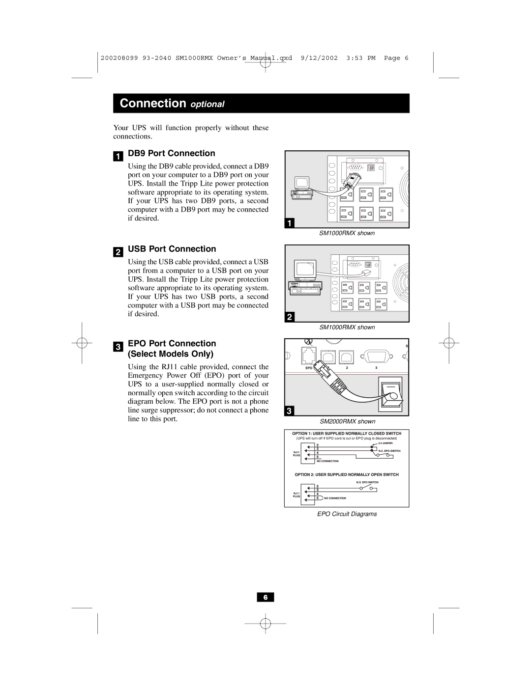 Tripp Lite RMX 1000-2000 VA owner manual Connection optional, DB9 Port Connection, USB Port Connection 