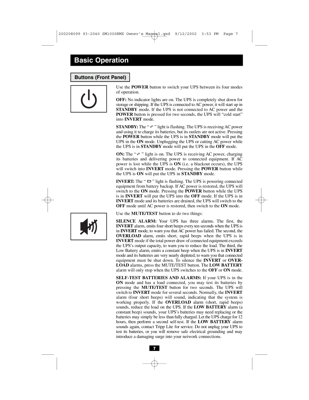 Tripp Lite RMX 1000-2000 VA owner manual Buttons Front Panel, Use the MUTE/TEST button to do two things 