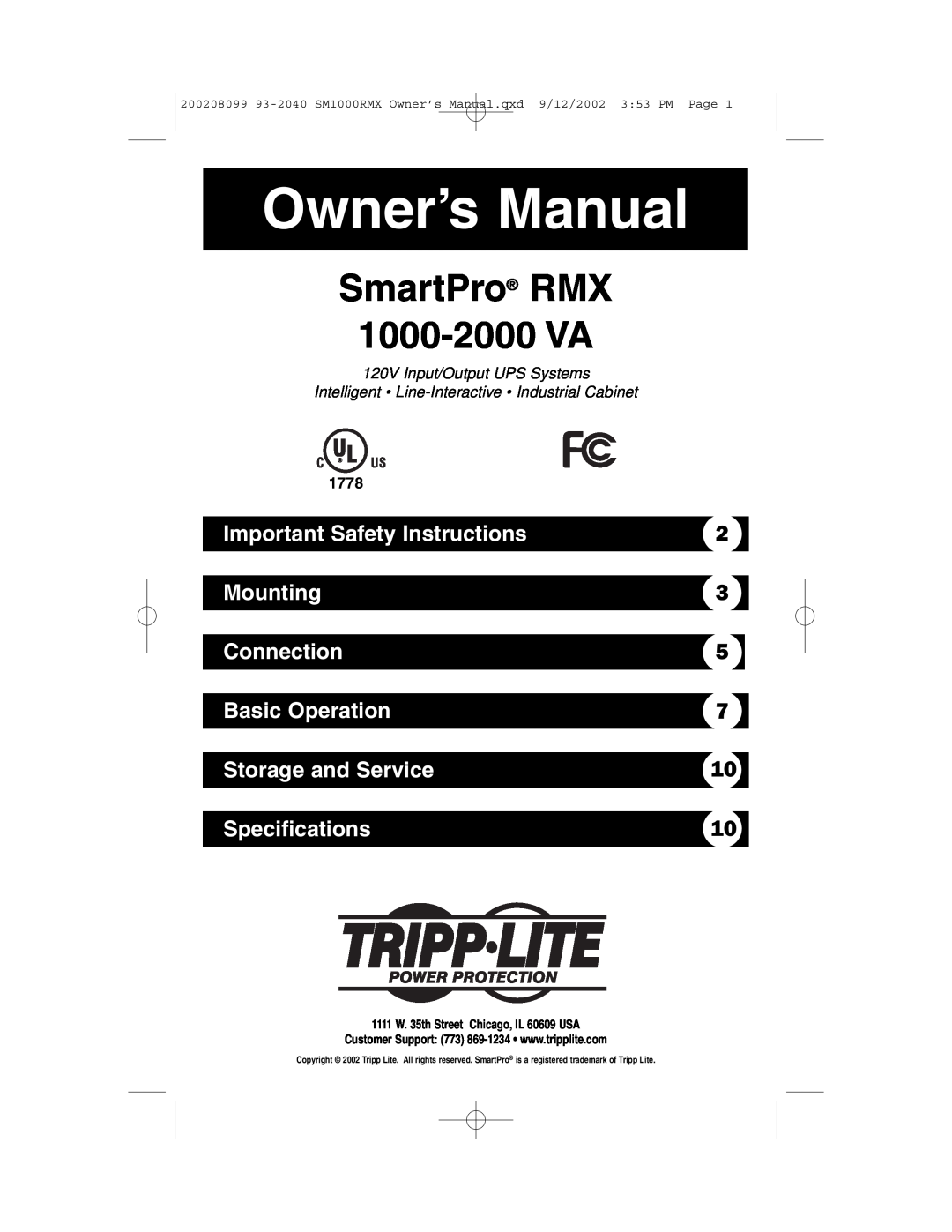 Tripp Lite RMX 1000-2000 VA owner manual Important Safety Instructions, Mounting, Connection, Basic Operation, Ul Us, 1778 