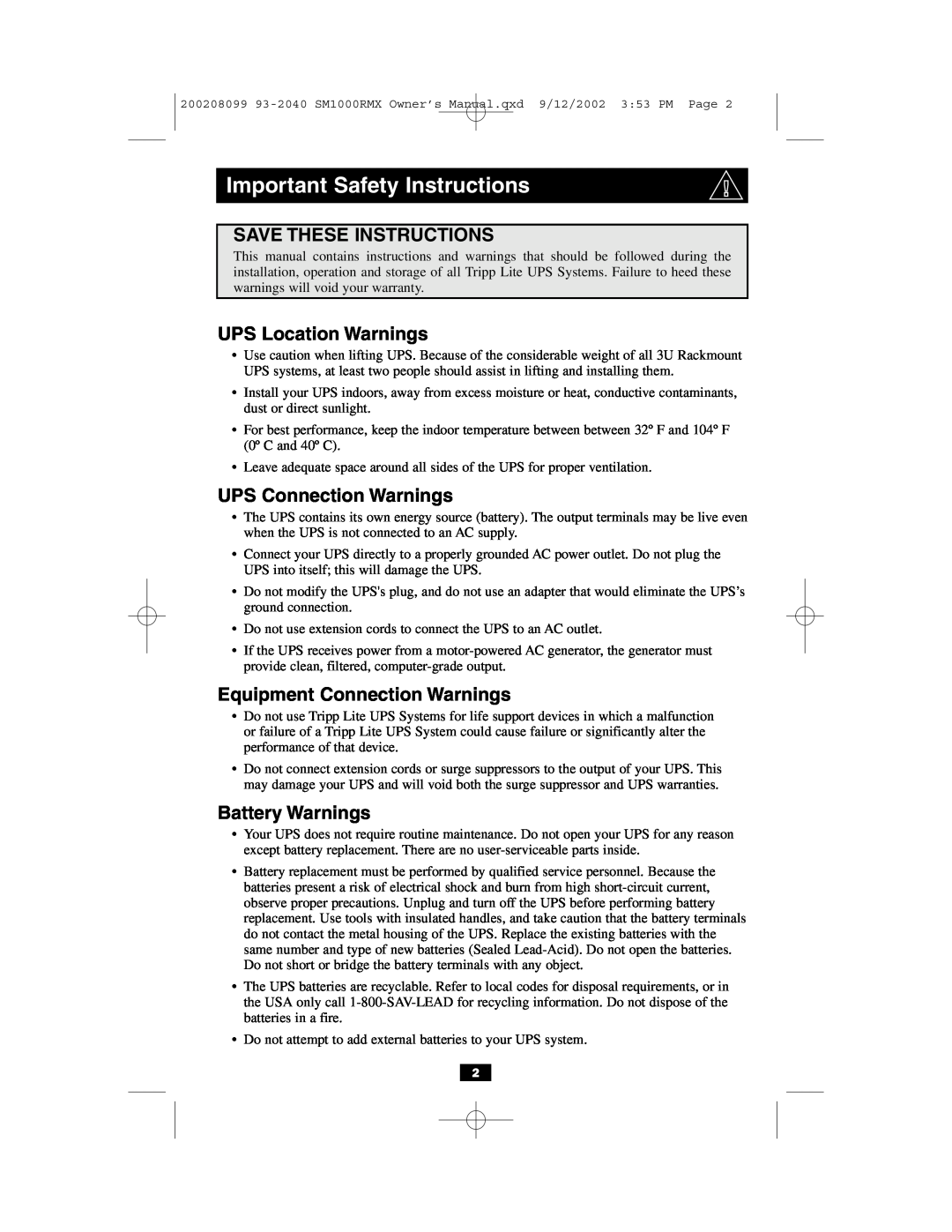 Tripp Lite RMX 1000-2000 VA owner manual Important Safety Instructions, Save These Instructions, UPS Location Warnings 