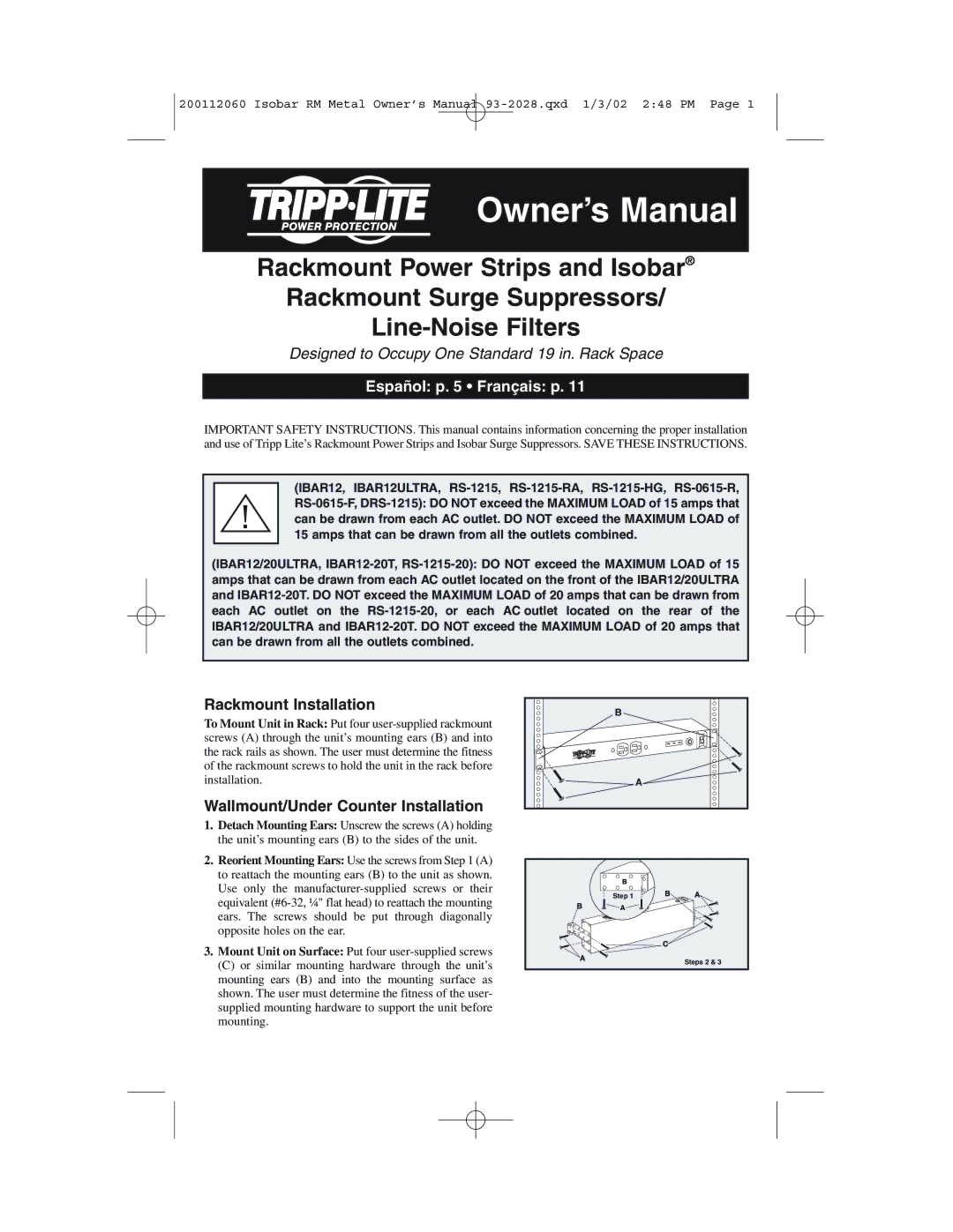 Tripp Lite IBAR 12, RS-1215-HG, RS0615F, RS-0615-R owner manual Rackmount Installation, Wallmount/Under Counter Installation 