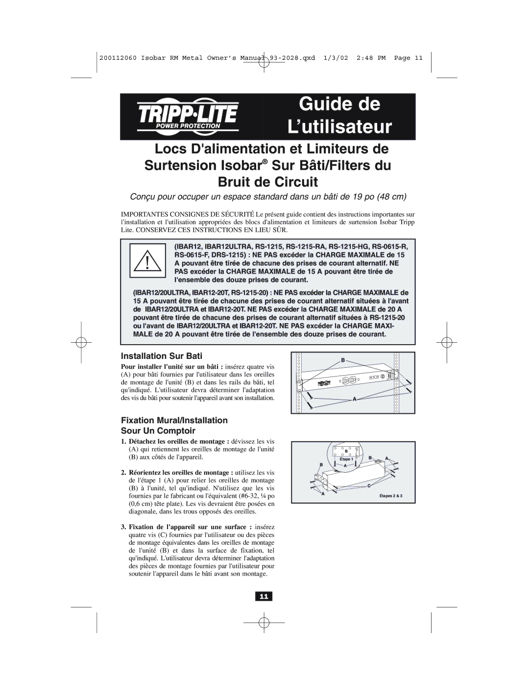 Tripp Lite RS-0615-R, RS-1215-HG, IBAR 12, RS0615F Installation Sur Bati, Fixation Mural/Installation Sour Un Comptoir 