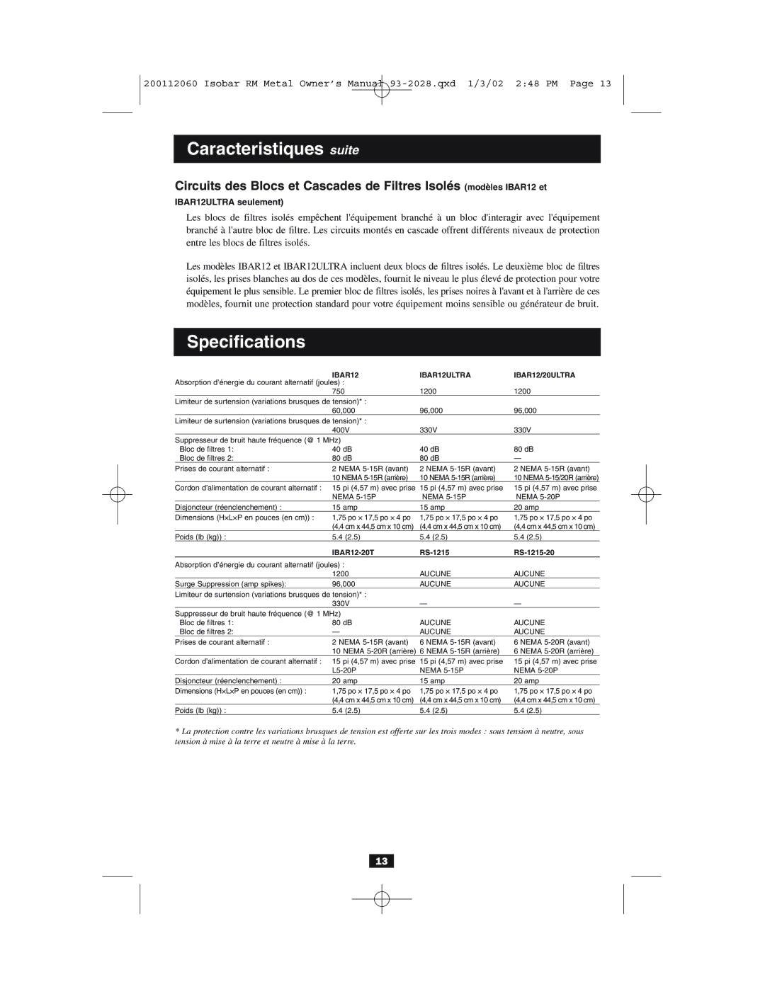 Tripp Lite IBAR 12 ULTRA, RS-1215-HG, RS0615F, RS-0615-R, DRS-1215, RS-1215-RA Caracteristiques suite, Specifications 