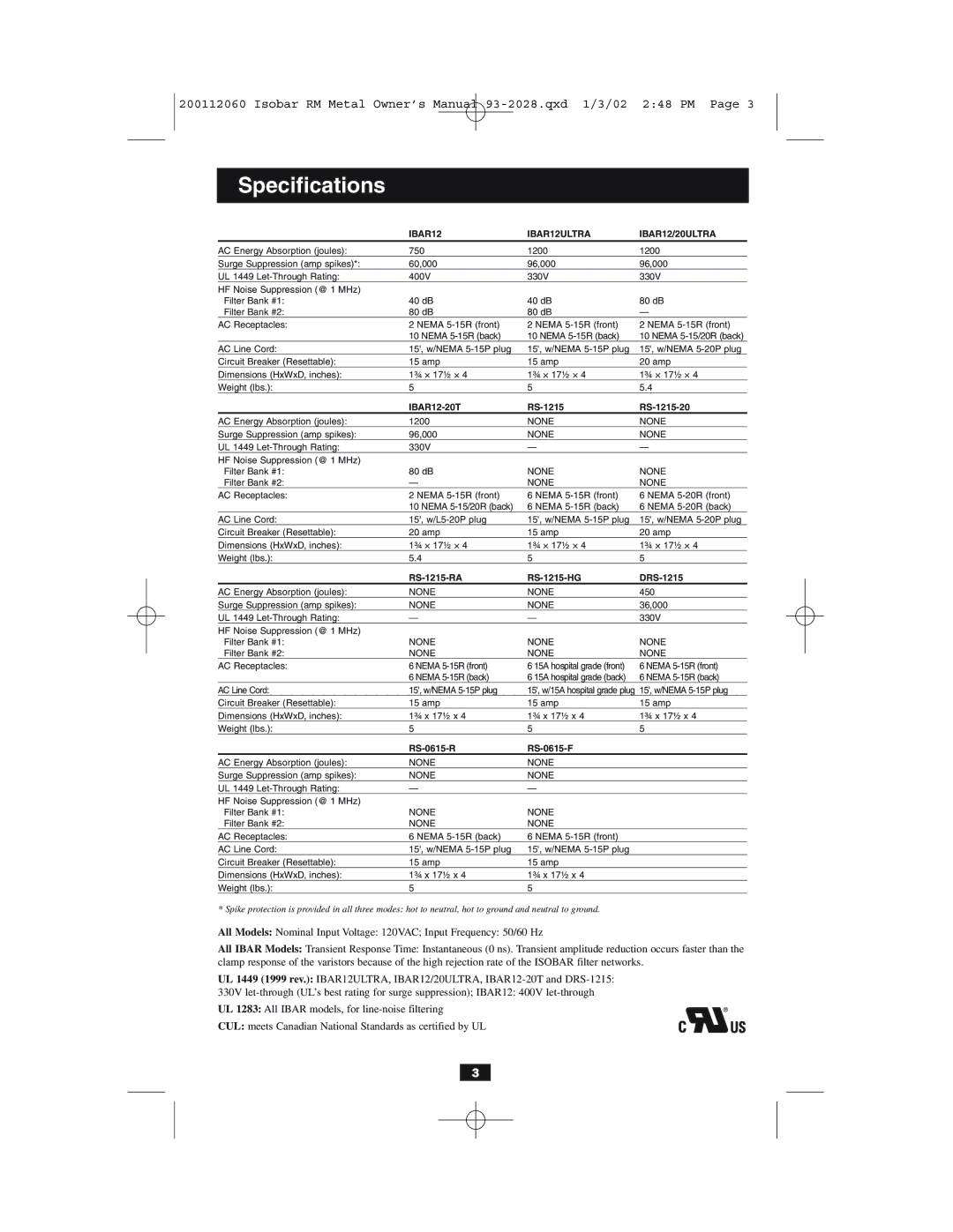 Tripp Lite RS-0615-R, RS-1215-HG, RS0615F, DRS-1215, IBAR 12 ULTRA Specifications, IBAR12 IBAR12ULTRA IBAR12/20ULTRA 