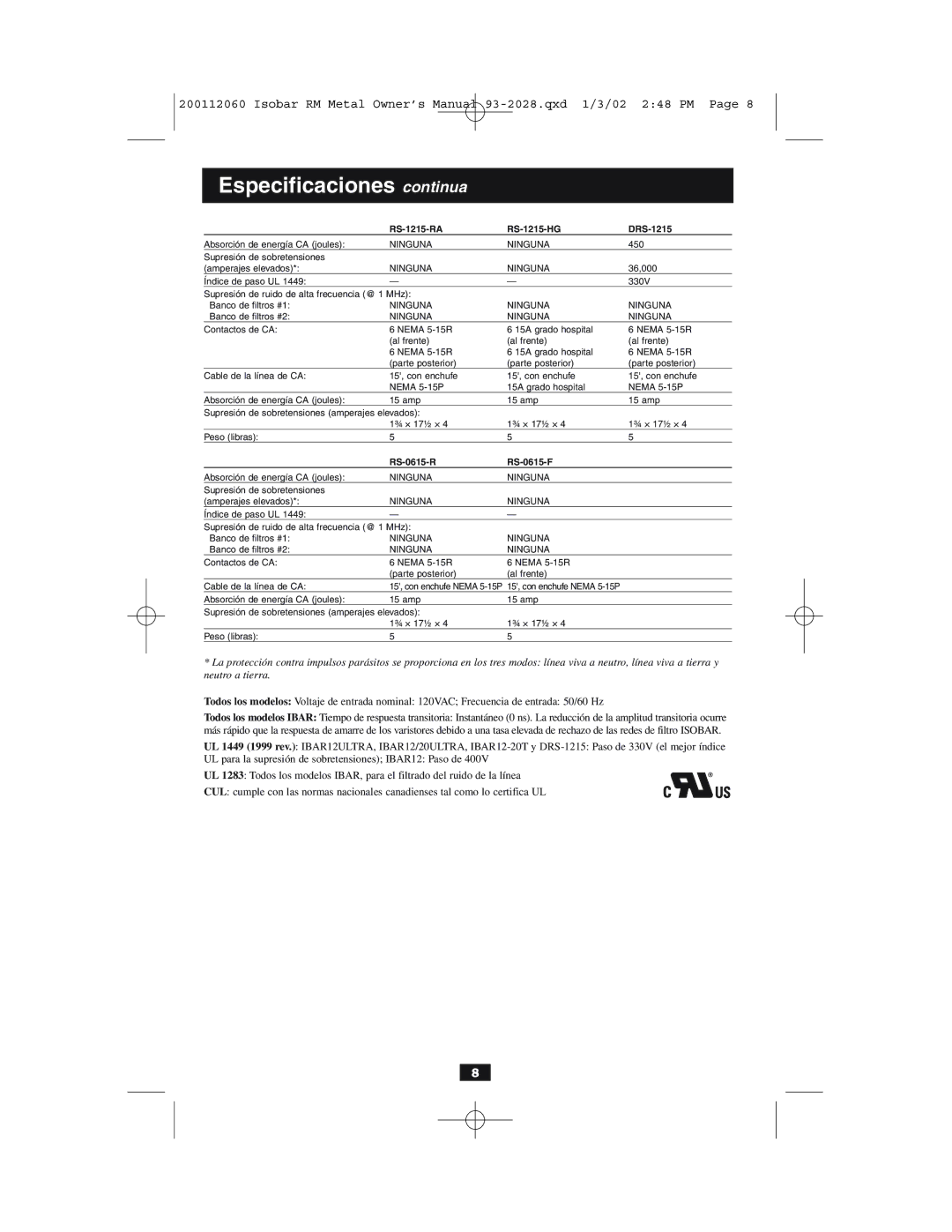 Tripp Lite RS-1215-HG, RS0615F, RS-0615-R, DRS-1215, IBAR 12 ULTRA, RS-1215-RA owner manual Especificaciones continua 