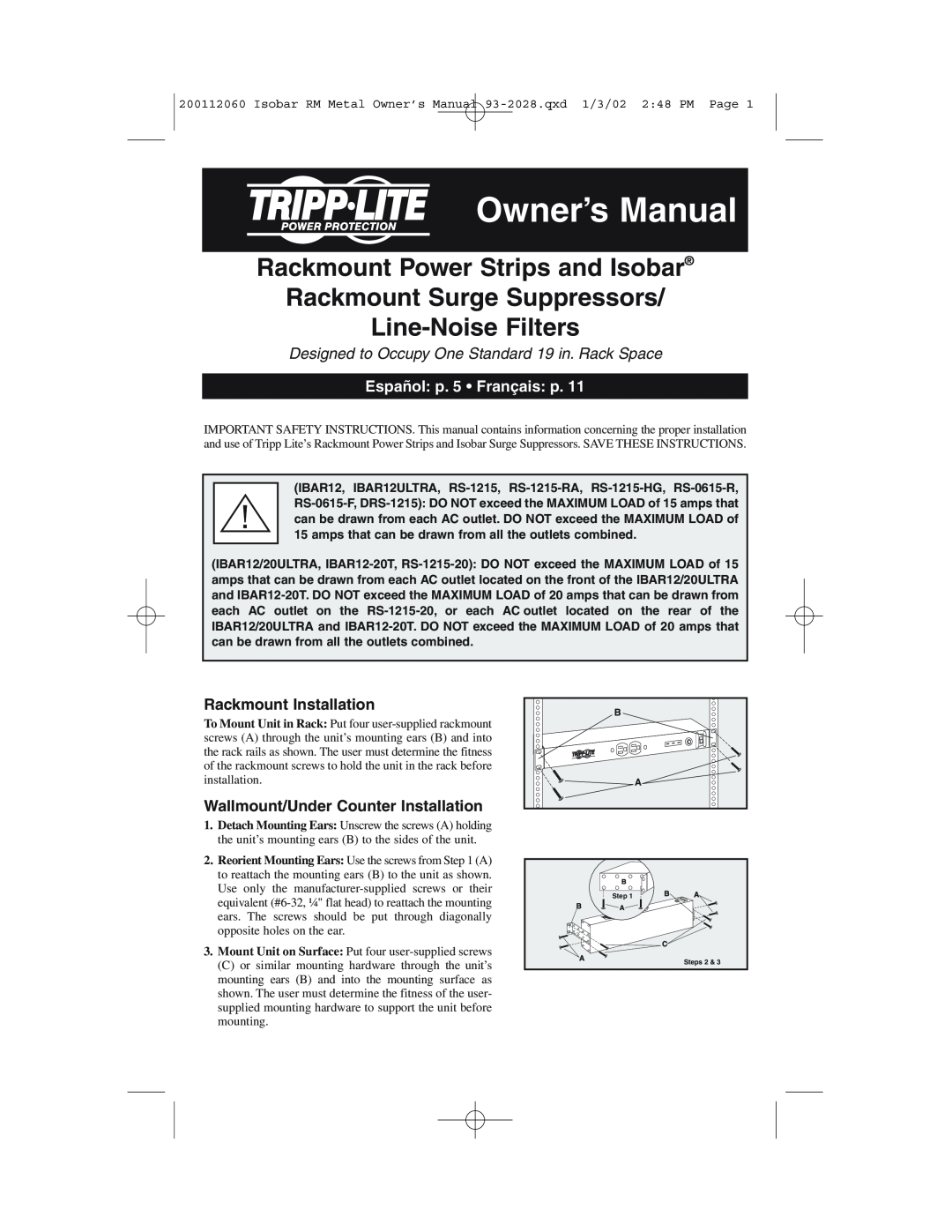 Tripp Lite IBAR 12, RS-1215-HG owner manual Owner’s Manual, Rackmount Power Strips and Isobar Rackmount Surge Suppressors 