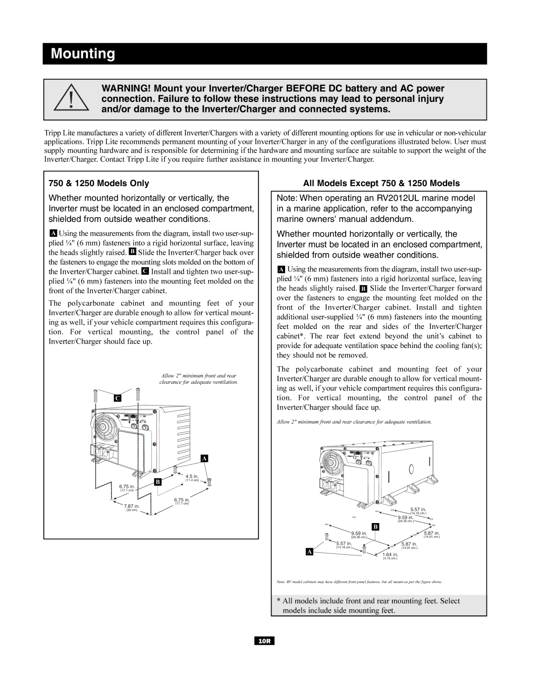 Tripp Lite RV Series manual Mounting, 750 & 1250 Models Only 