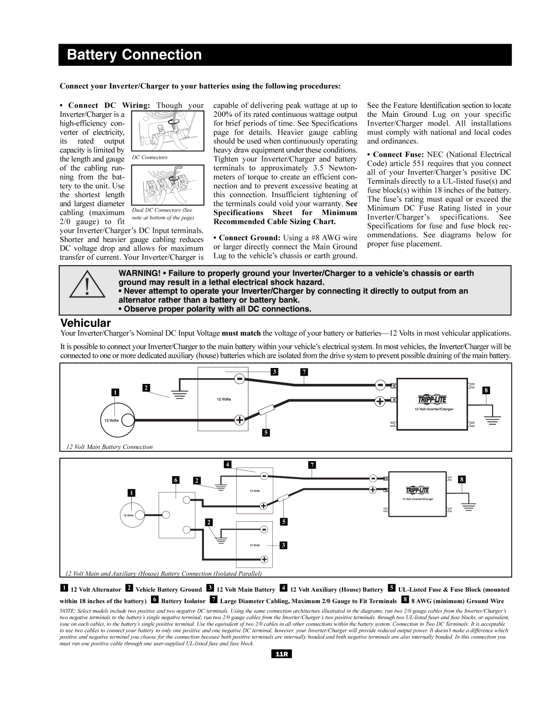 Tripp Lite RV Series manual Battery Connection, Vehicular 