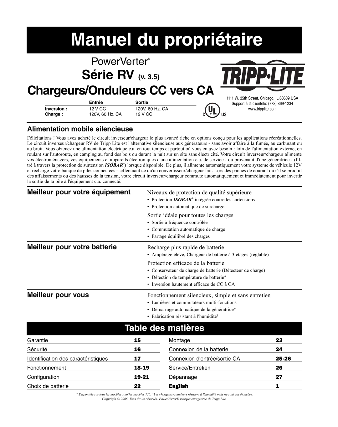 Tripp Lite RV Series manual Table des matières, Alimentation mobile silencieuse, Meilleur pour votre équipement 