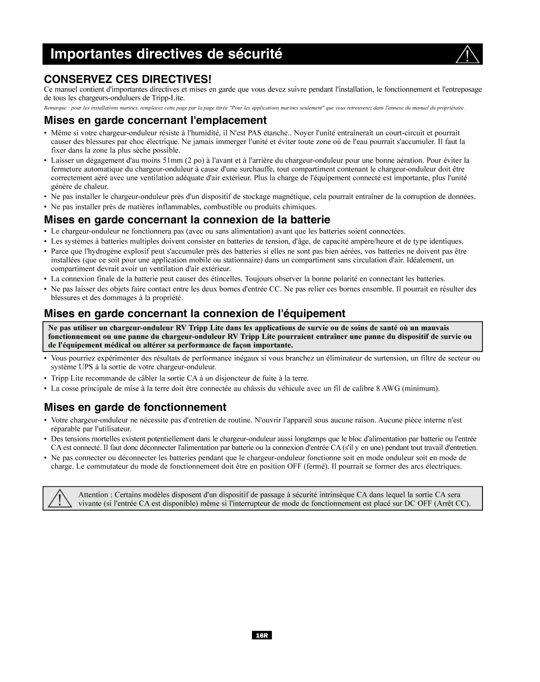 Tripp Lite RV Series manual Importantes directives de sécurité, Mises en garde concernant lemplacement 