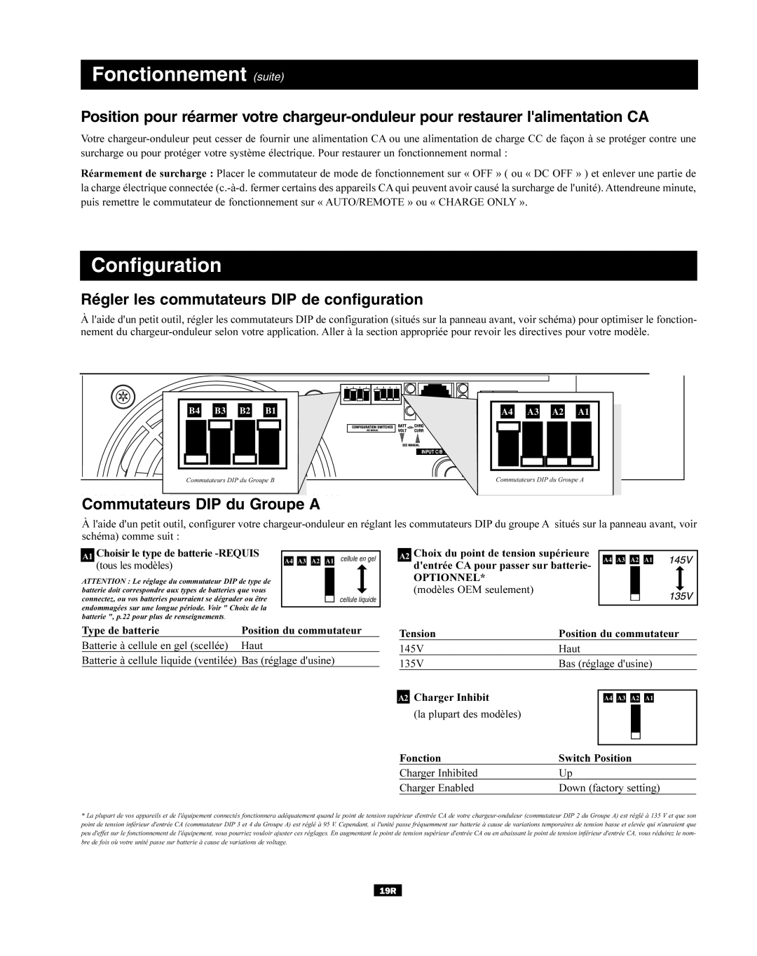 Tripp Lite RV Series Fonctionnement suite, Régler les commutateurs DIP de configuration, Commutateurs DIP du Groupe a 