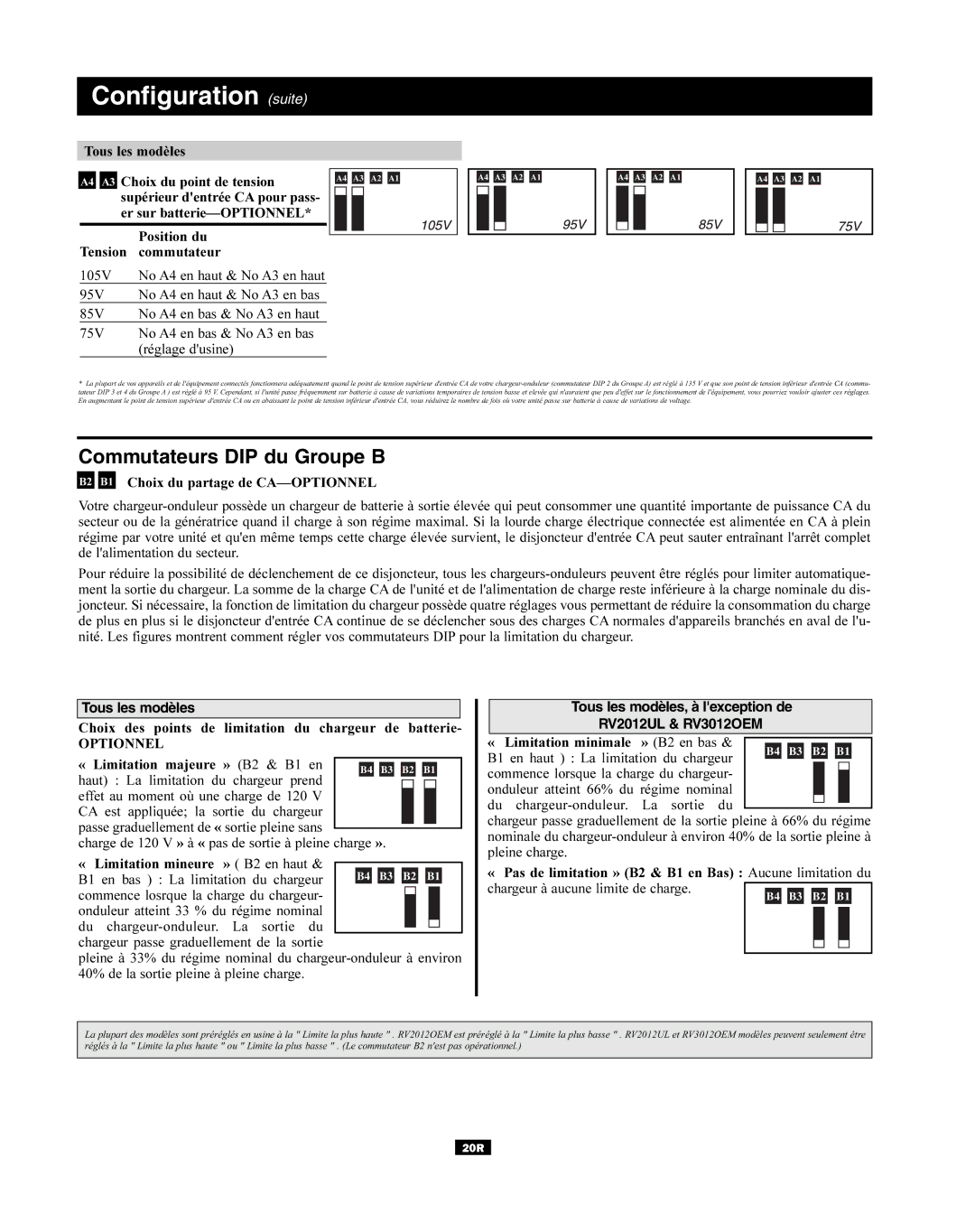 Tripp Lite RV Series manual Configuration suite, Commutateurs DIP du Groupe B, Tous les modèles 