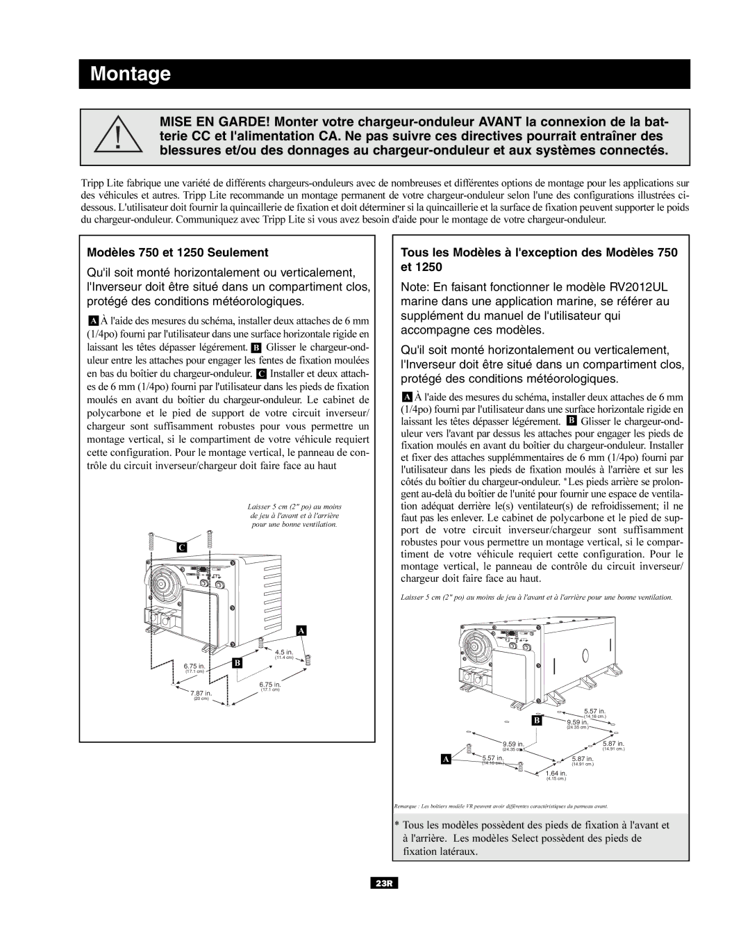 Tripp Lite RV Series manual Montage, Modèles 750 et 1250 Seulement 