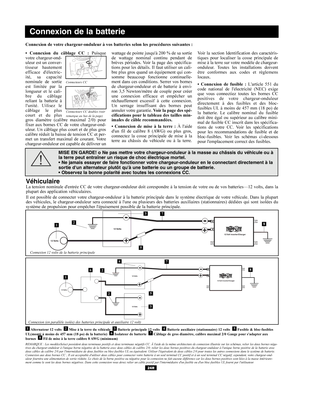 Tripp Lite RV Series manual Connexion de la batterie, Véhiculaire 