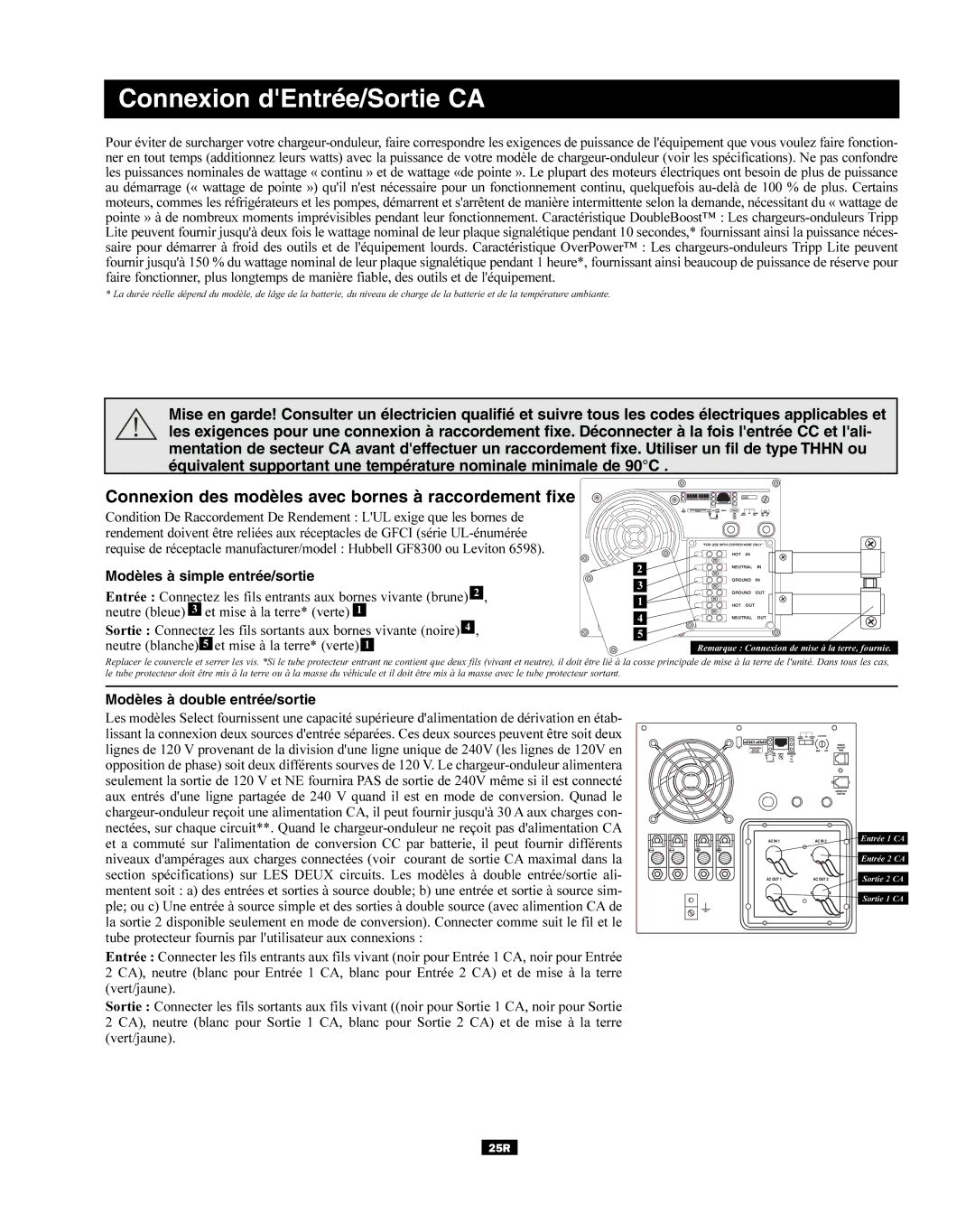 Tripp Lite RV Series manual Connexion dEntrée/Sortie CA, Modèles à simple entrée/sortie, Modèles à double entrée/sortie 