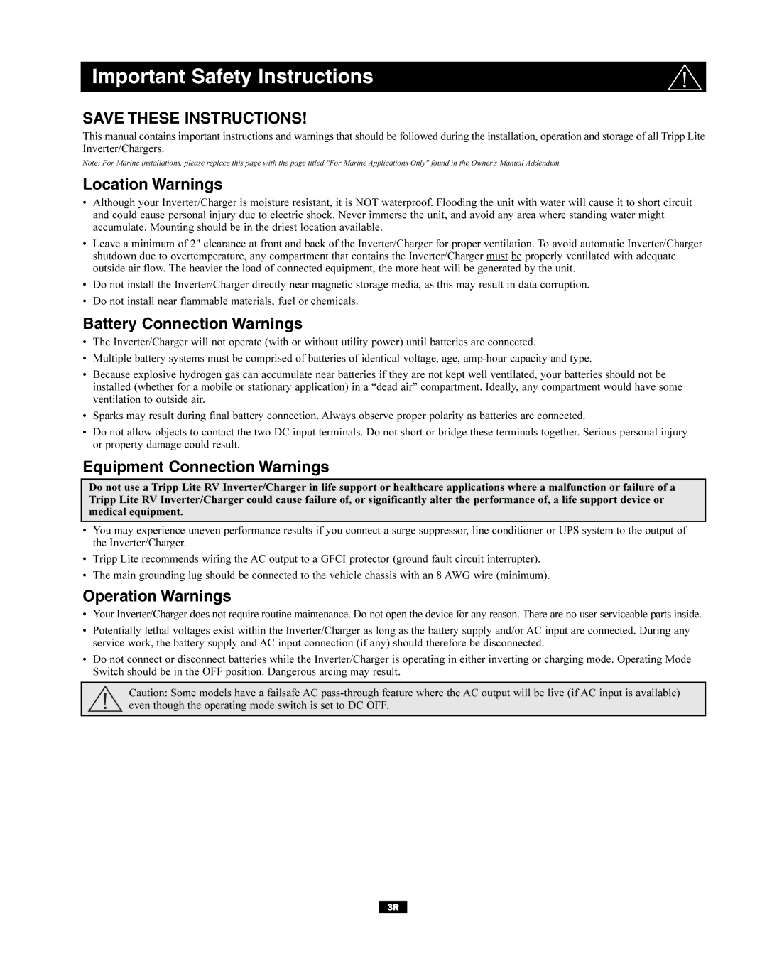 Tripp Lite RV Series Important Safety Instructions, Location Warnings, Battery Connection Warnings, Operation Warnings 