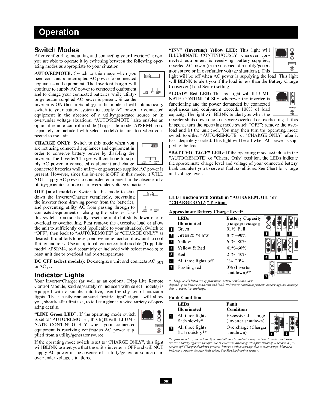 Tripp Lite RV Series manual Operation, Switch Modes, Indicator Lights 