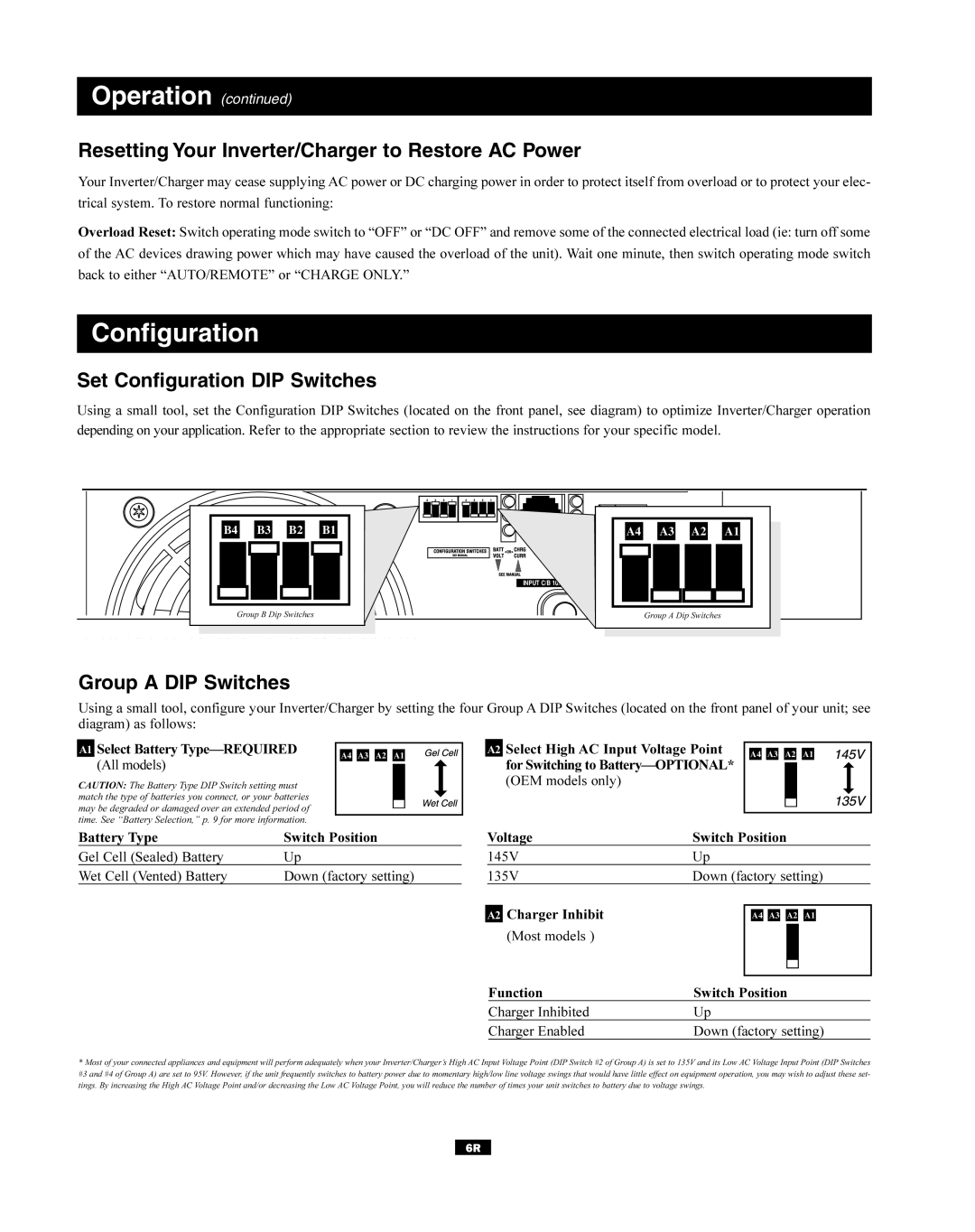 Tripp Lite RV Series manual Resetting Your Inverter/Charger to Restore AC Power, Set Configuration DIP Switches 