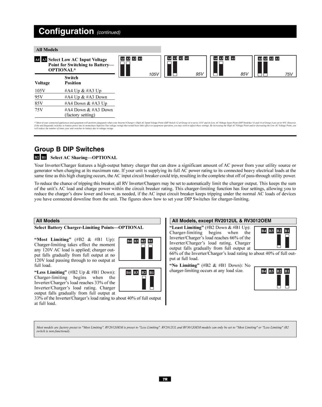 Tripp Lite RV Series manual Group B DIP Switches, All Models, except RV2012UL & RV3012OEM 