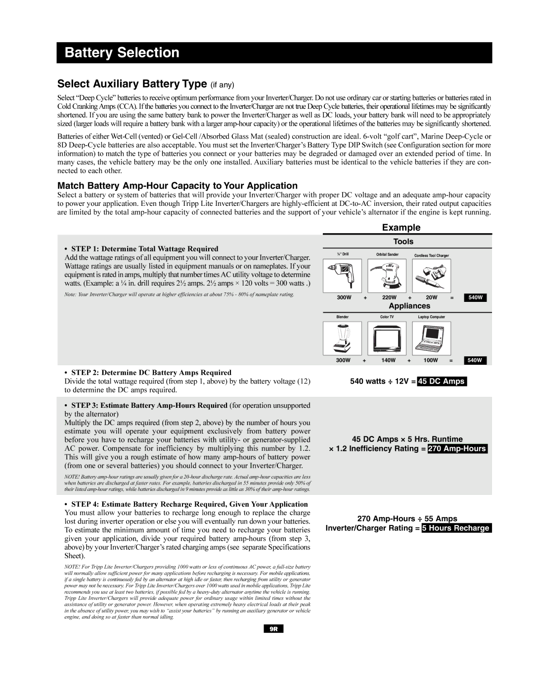 Tripp Lite RV Series manual Battery Selection, Select Auxiliary Battery Type if any, Tools, Appliances 