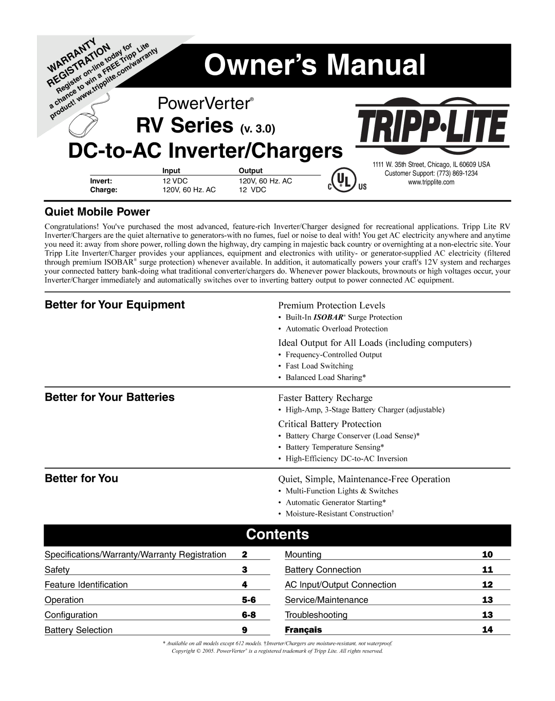 Tripp Lite 200502023, RV1012UL, RV612ULH owner manual RV Series v DC-to-AC Inverter/Chargers, Contents 