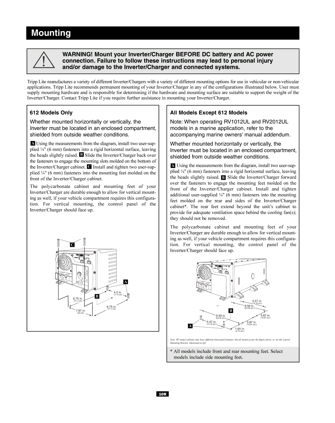 Tripp Lite 200502023, RV1012UL, RV612ULH owner manual Mounting, Models Only 