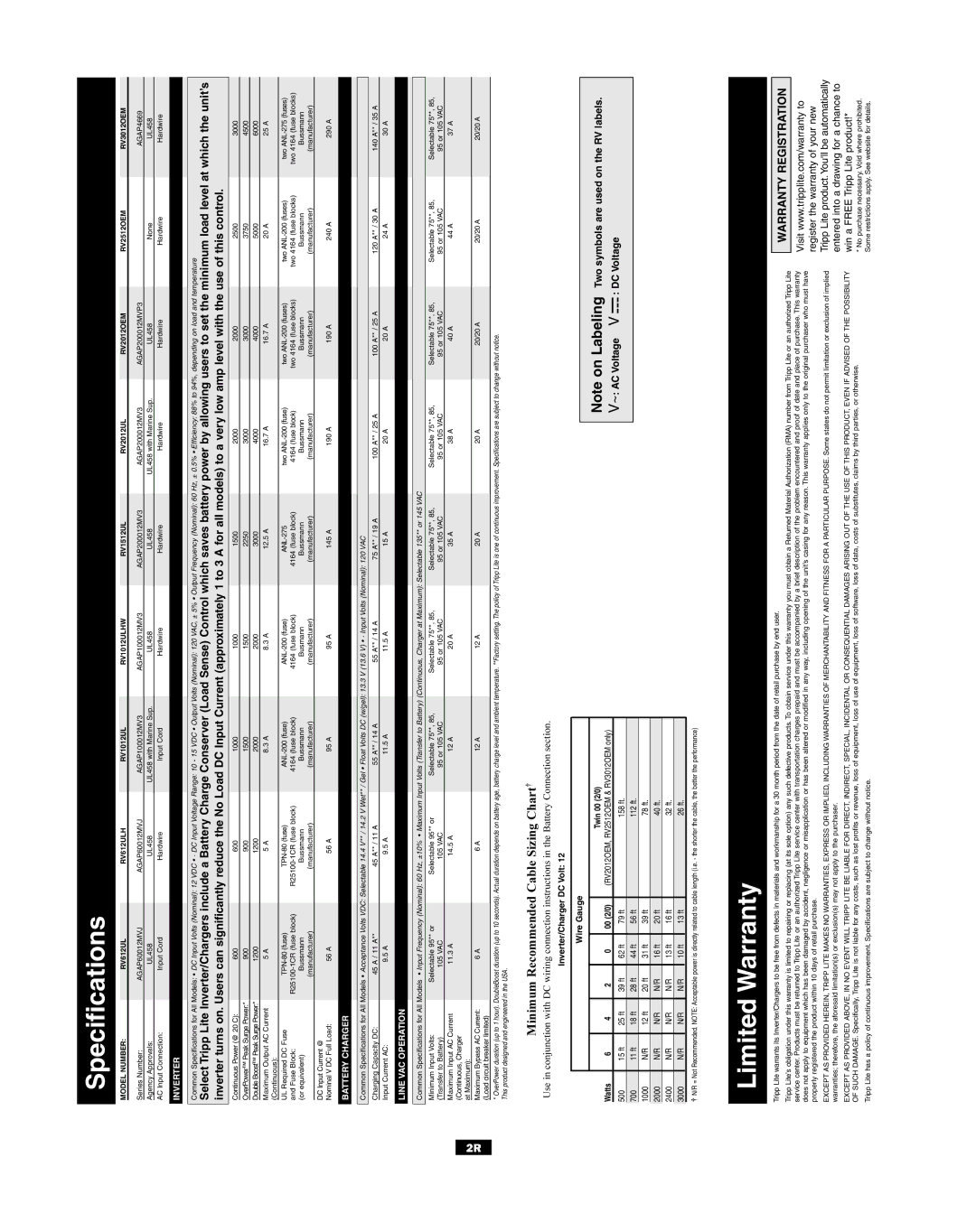 Tripp Lite RV612ULH, RV1012UL, 200502023 owner manual Specifications, Limited Warranty 