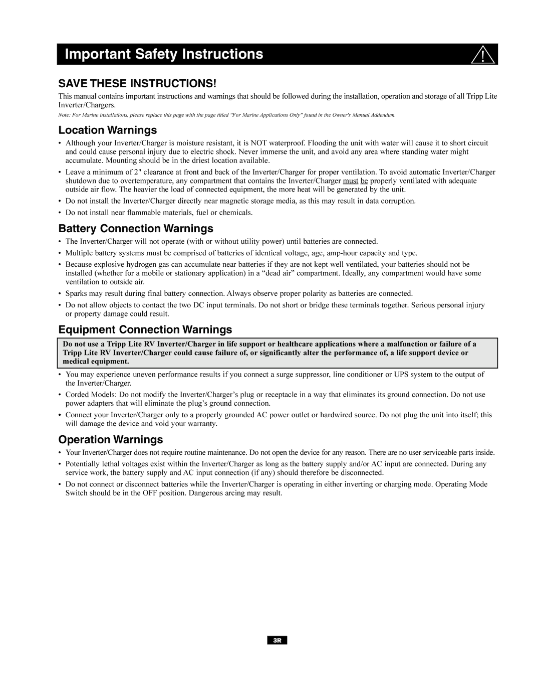 Tripp Lite RV1012UL Important Safety Instructions, Location Warnings, Battery Connection Warnings, Operation Warnings 