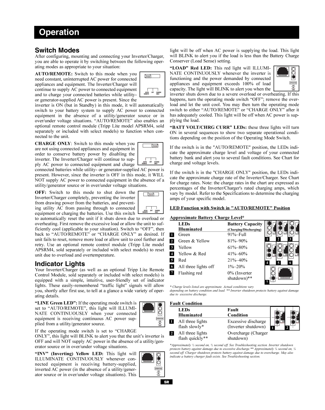 Tripp Lite RV612ULH, RV1012UL, 200502023 owner manual Operation, Switch Modes, Indicator Lights 