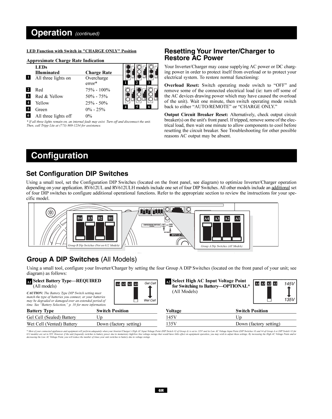 Tripp Lite RV1012UL, 200502023 Resetting Your Inverter/Charger to Restore AC Power, Set Configuration DIP Switches 