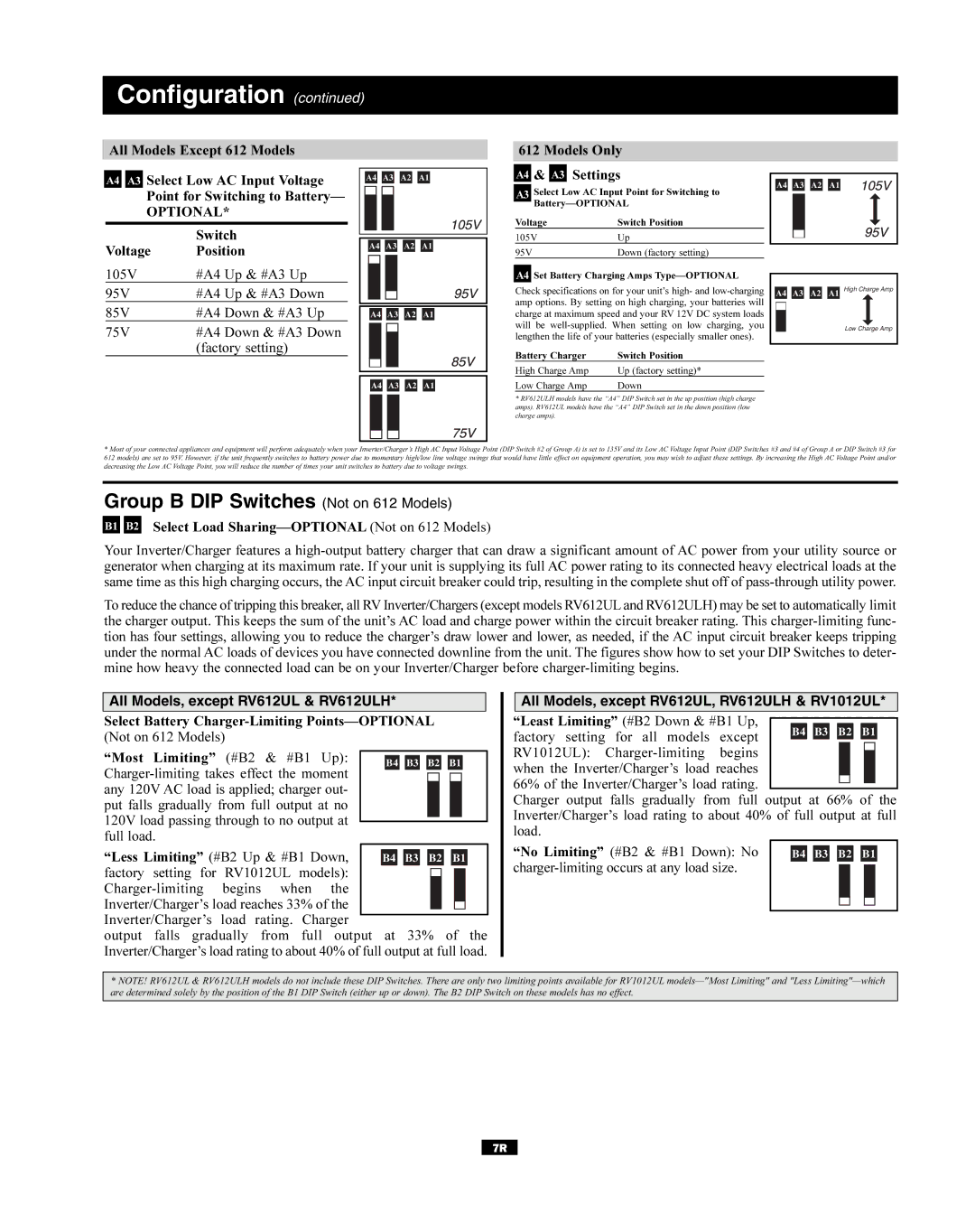 Tripp Lite 200502023, RV1012UL, RV612ULH owner manual Group B DIP Switches Not on 612 Models, Optional 