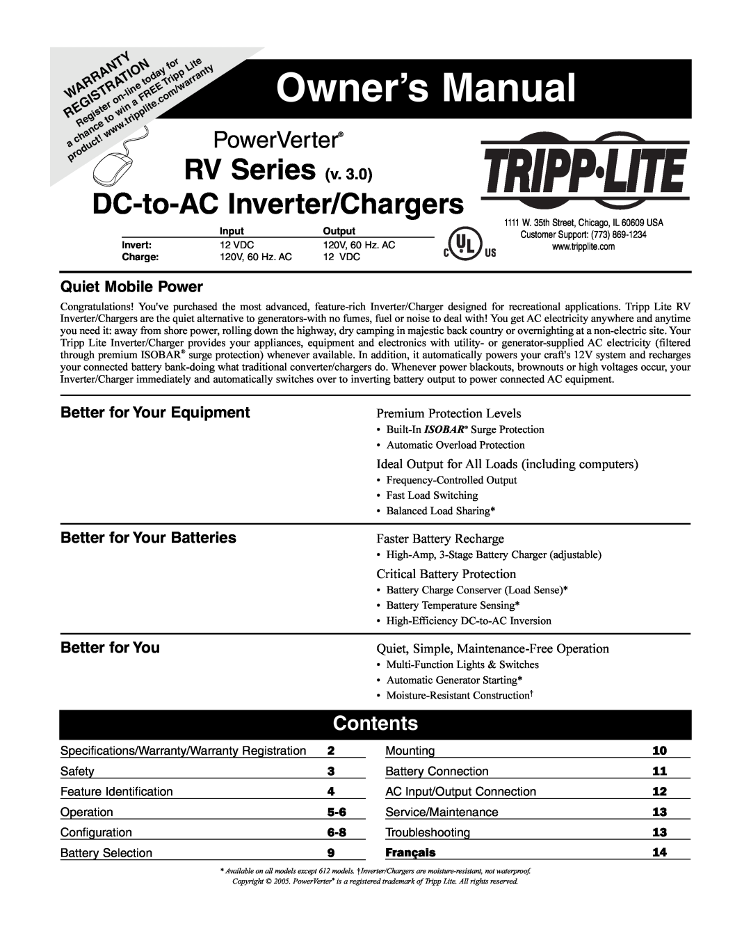 Tripp Lite 200502023 owner manual Contents, Quiet Mobile Power, Better for Your Equipment, Better for Your Batteries 