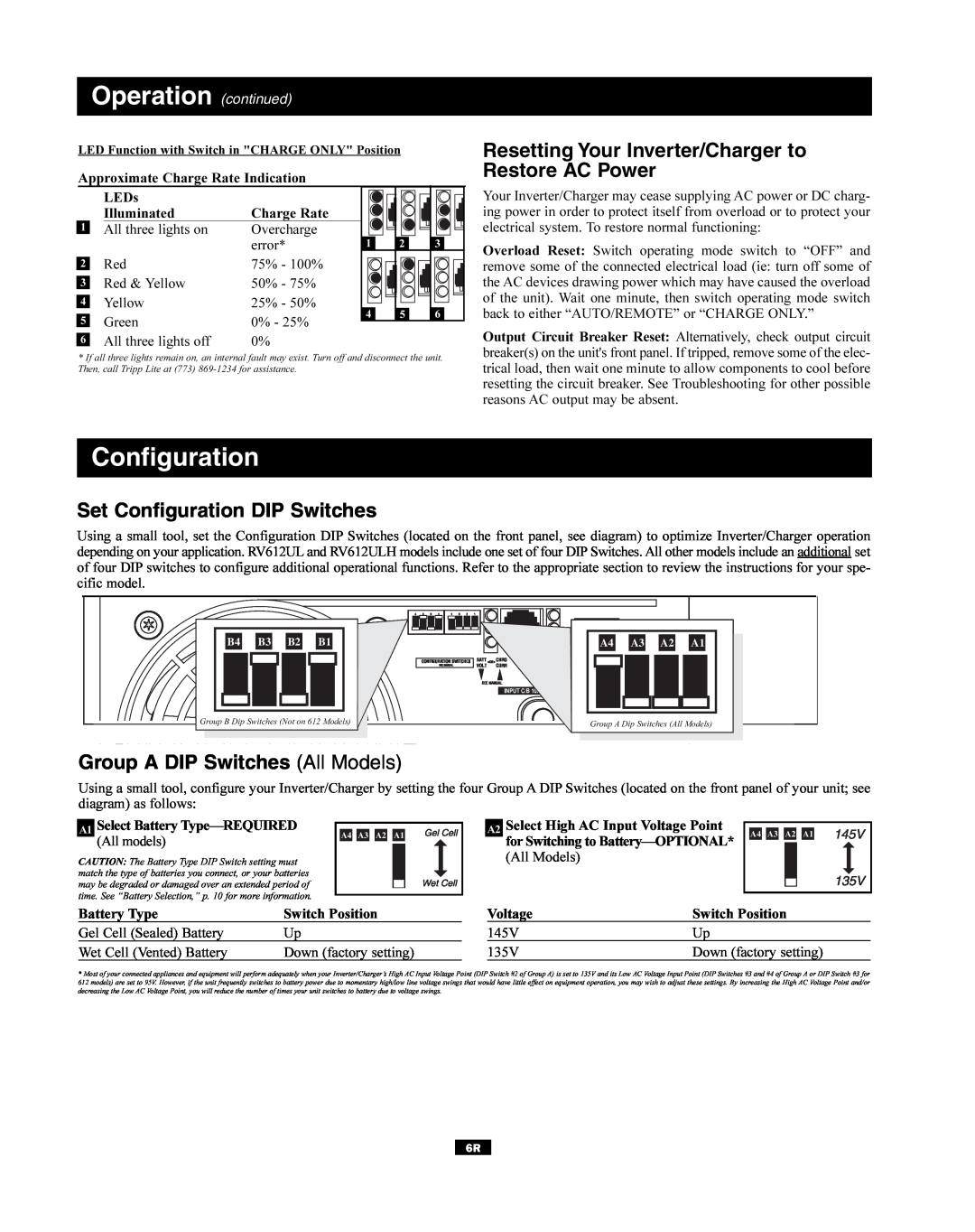 Tripp Lite RV1012UL, 200502023 Resetting Your Inverter/Charger to Restore AC Power, Set Configuration DIP Switches 