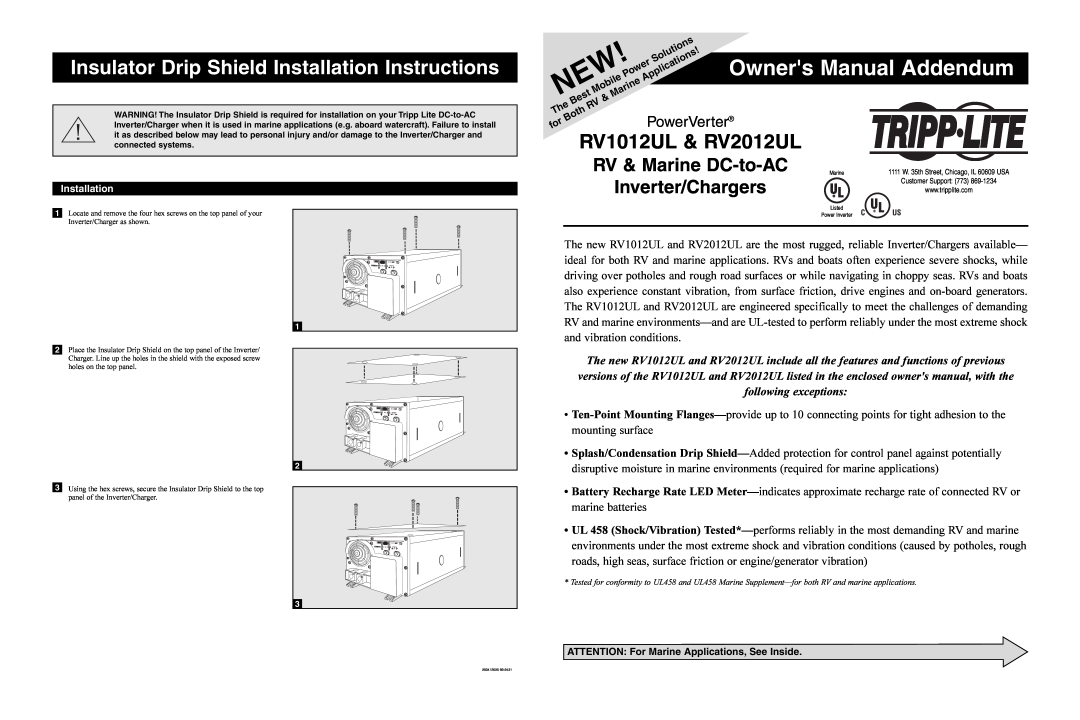 Tripp Lite owner manual Insulator Drip Shield Installation Instructions, RV1012UL & RV2012UL, RV & Marine DC-to-AC 