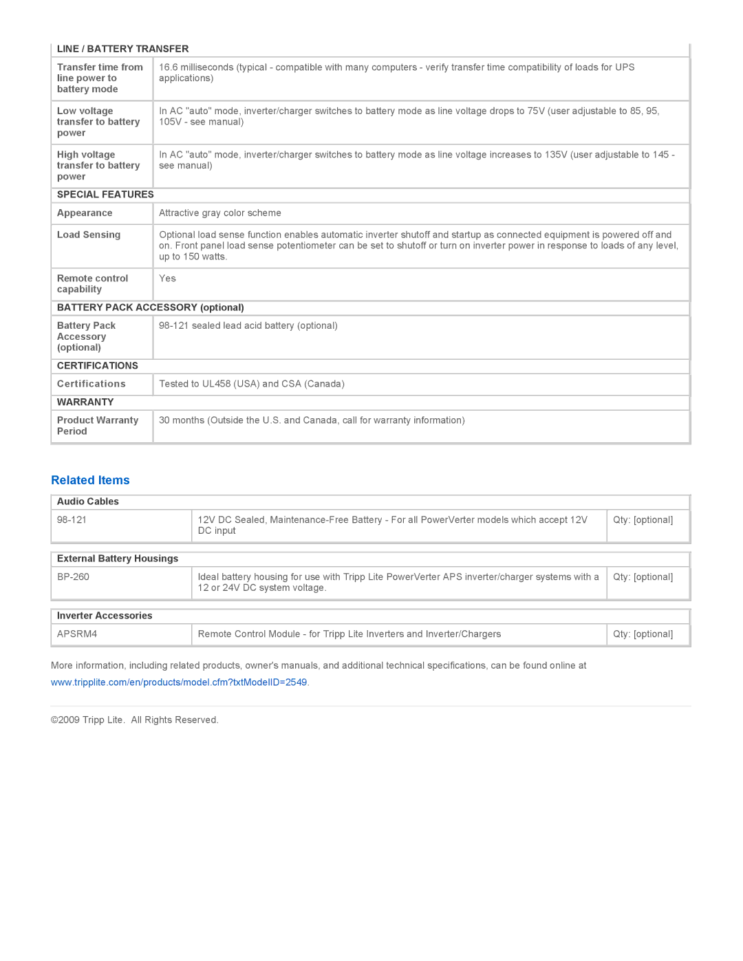 Tripp Lite RV1012ULHW owner manual Related Items, Line / Battery Transfer, Special Features, Certifications, Warranty 