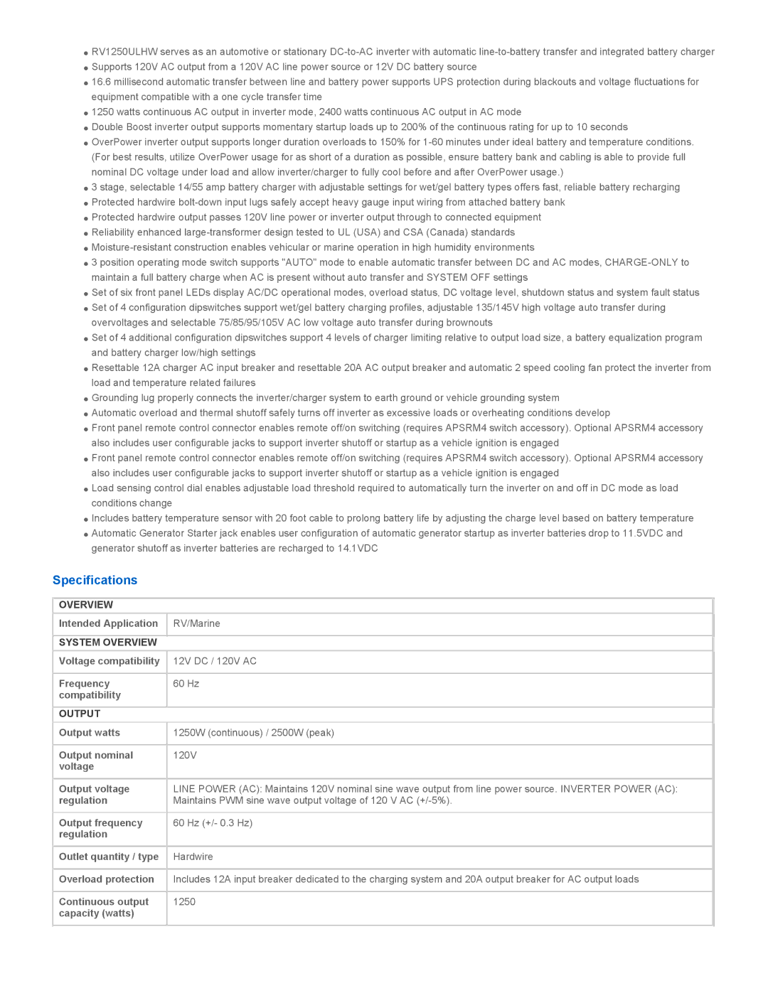 Tripp Lite RV1250ULHW owner manual Specifications, System Overview, Output 