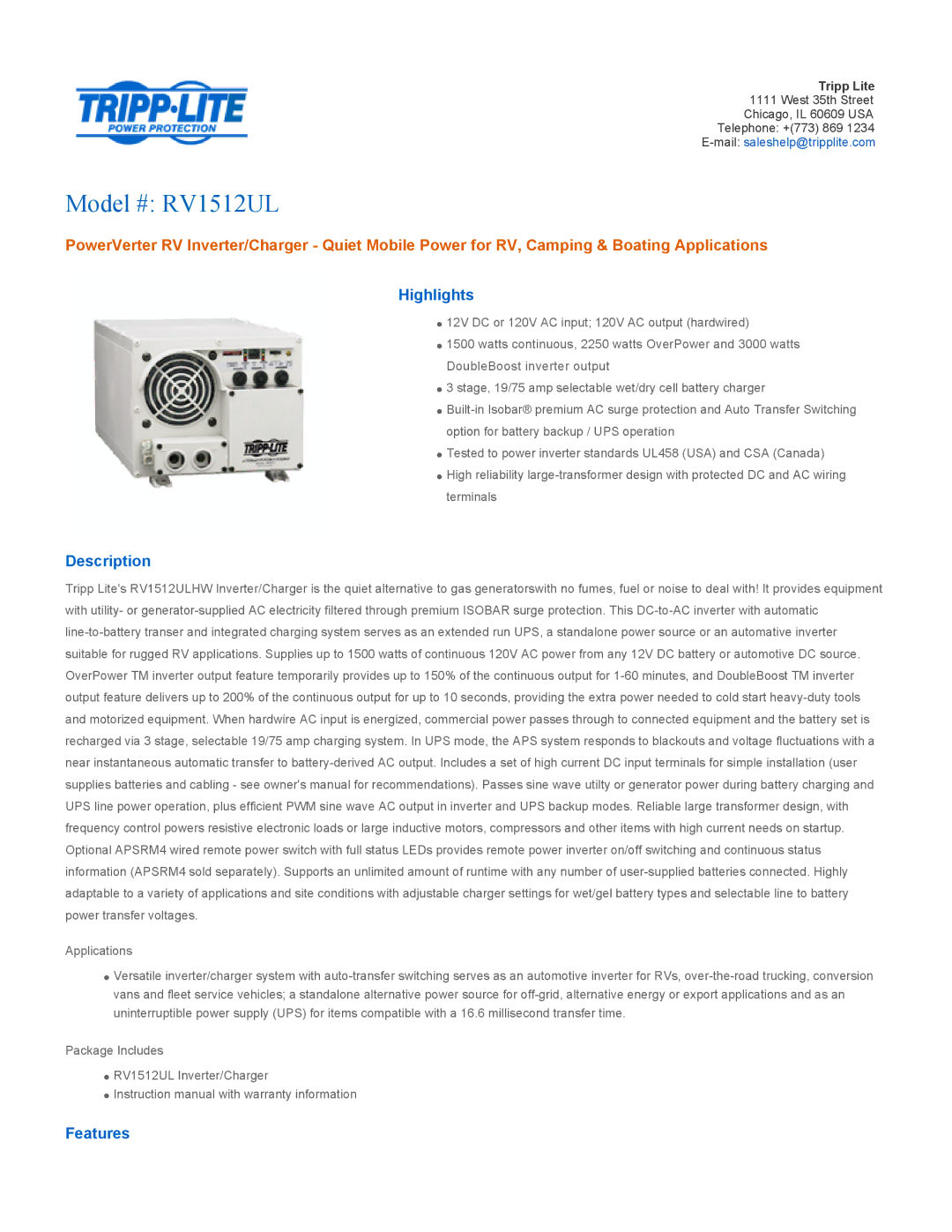 Tripp Lite RV1512UL owner manual Highlights, Description, Features 