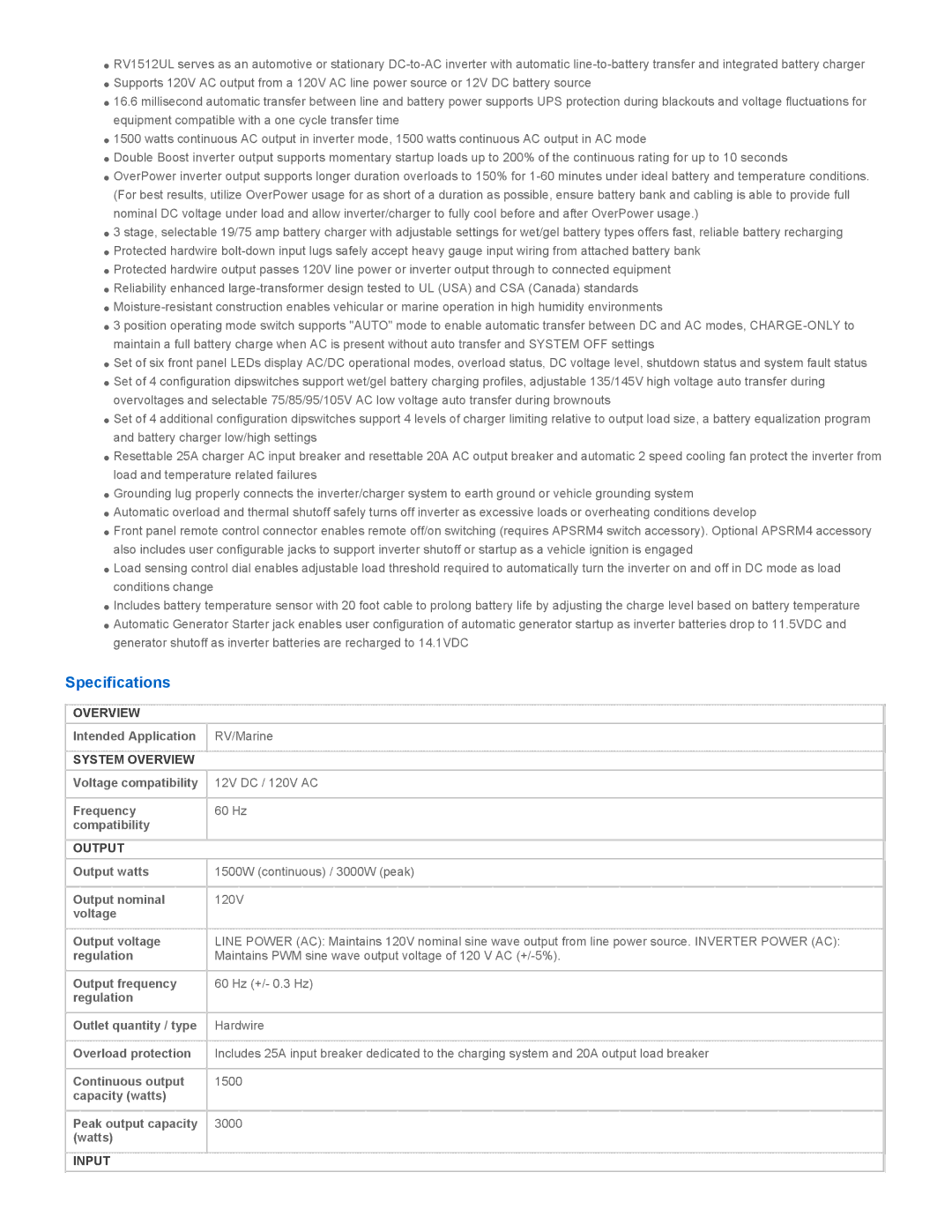 Tripp Lite RV1512UL owner manual Specifications, System Overview, Output, Input 