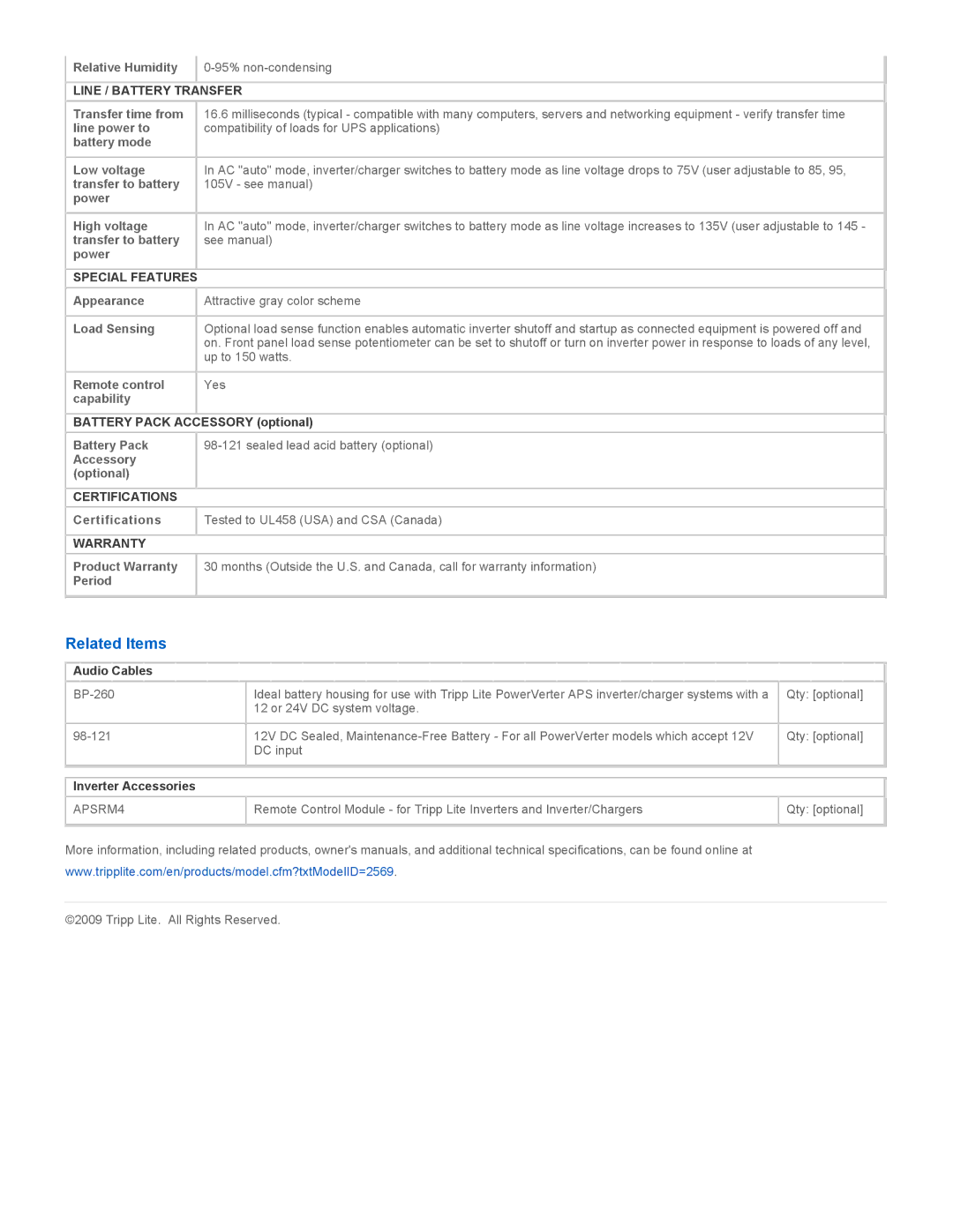 Tripp Lite RV2012OEM owner manual Related Items, Line / Battery Transfer, Special Features, Certifications, Warranty 