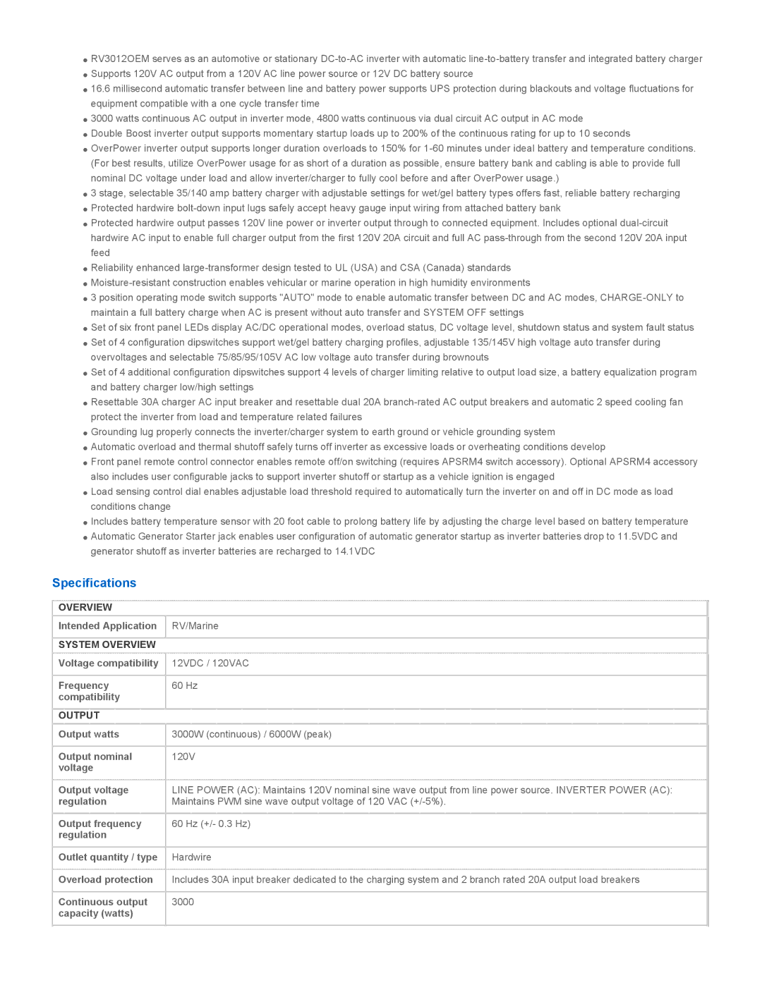 Tripp Lite RV3012OEM owner manual Specifications, System Overview, Output 