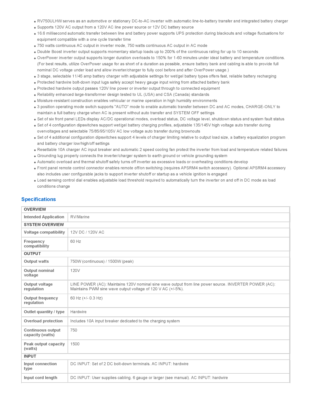 Tripp Lite RV750ULHW owner manual Specifications, System Overview, Output, Input 