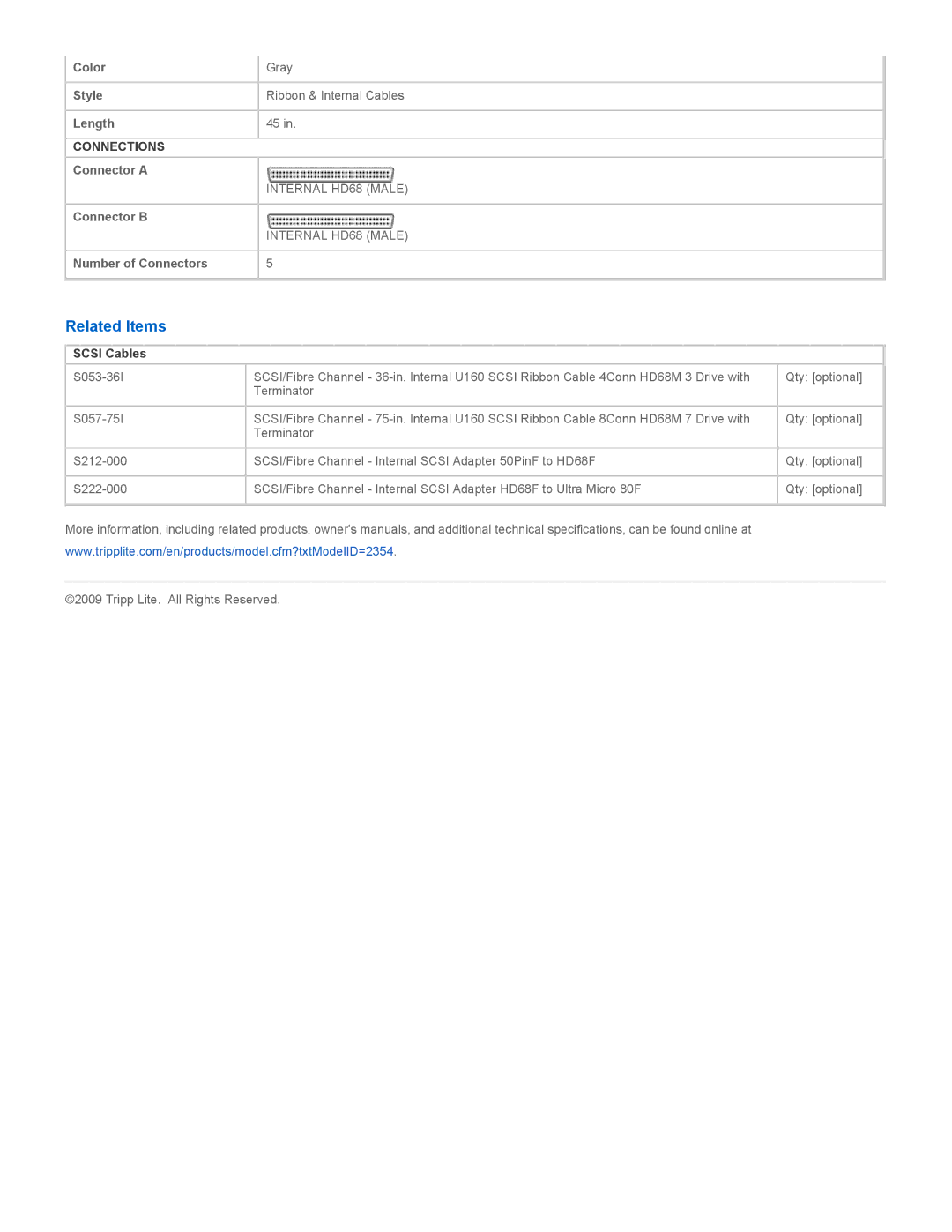 Tripp Lite s053-36i, S054-45I, S057-75I specifications Related Items, Scsi Cables 