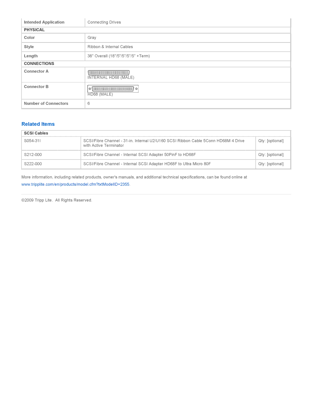 Tripp Lite s212-000, S055-38I, S054-31I specifications Related Items, Physical, Connections, Scsi Cables 