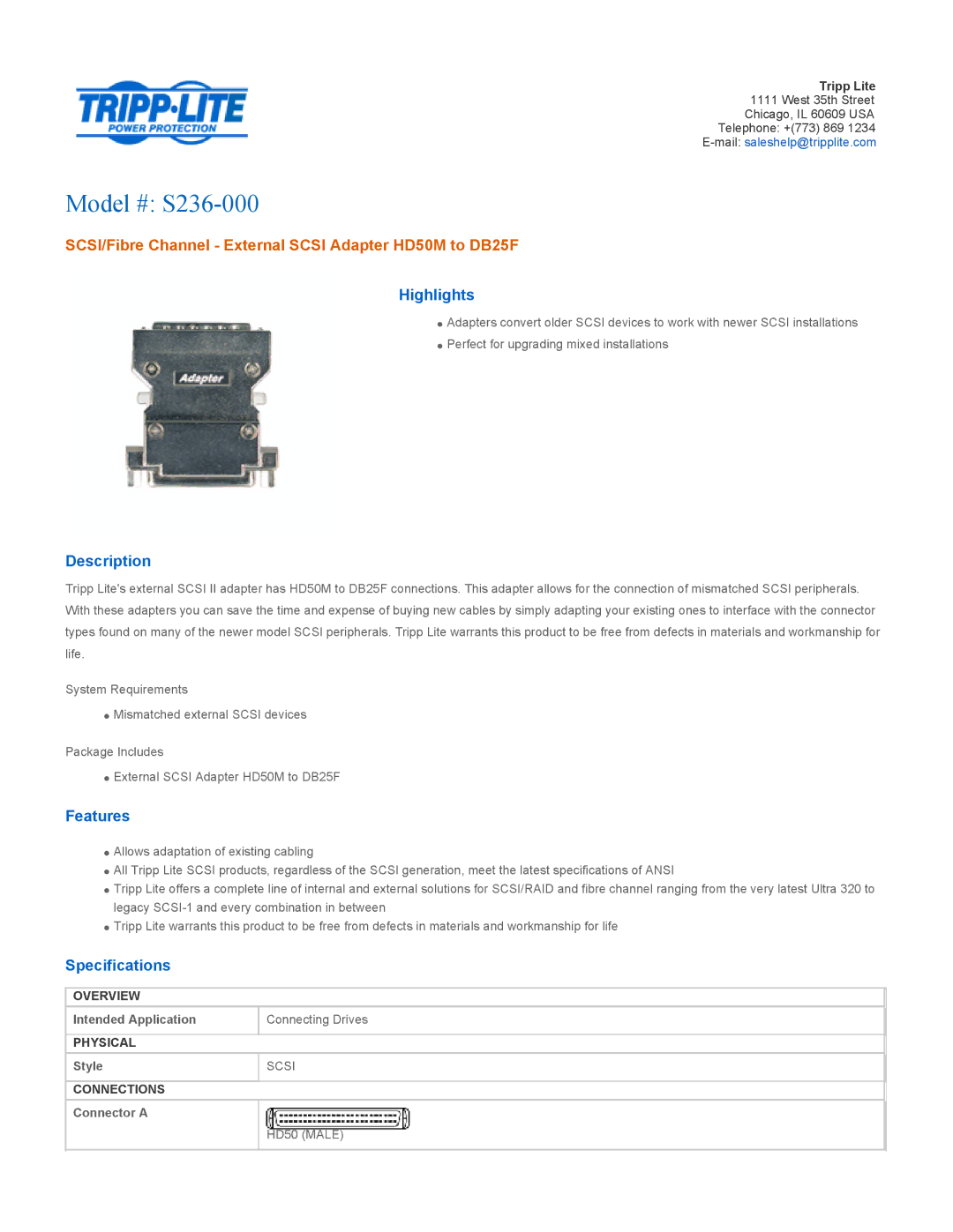 Tripp Lite specifications Model # S236-000, SCSI/Fibre Channel External Scsi Adapter HD50M to DB25F 