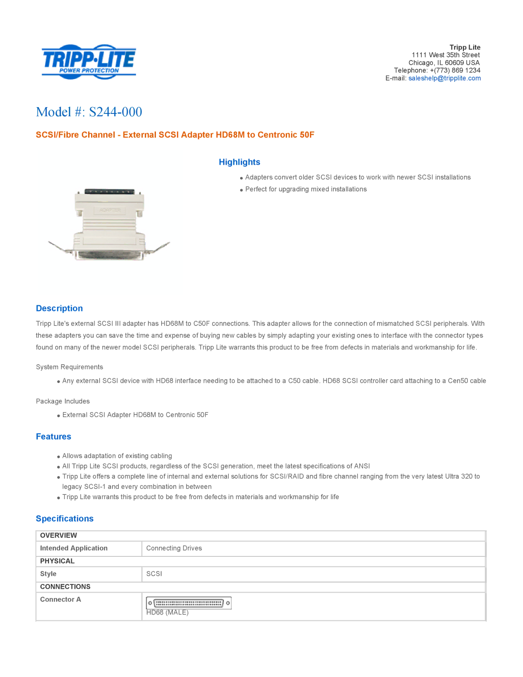 Tripp Lite specifications Model # S244-000, Highlights, Description, Features, Specifications 
