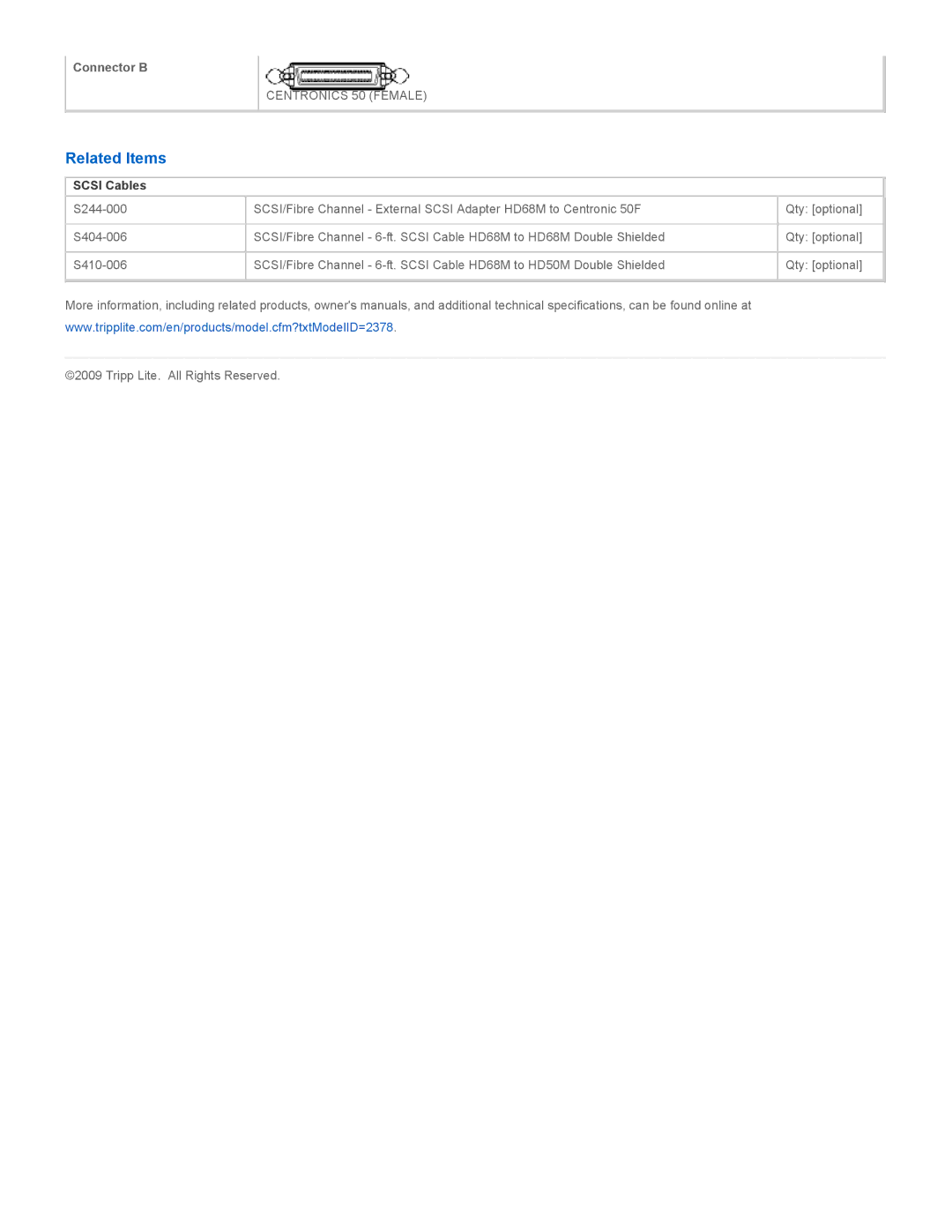 Tripp Lite S244-000 specifications Related Items, Scsi Cables 